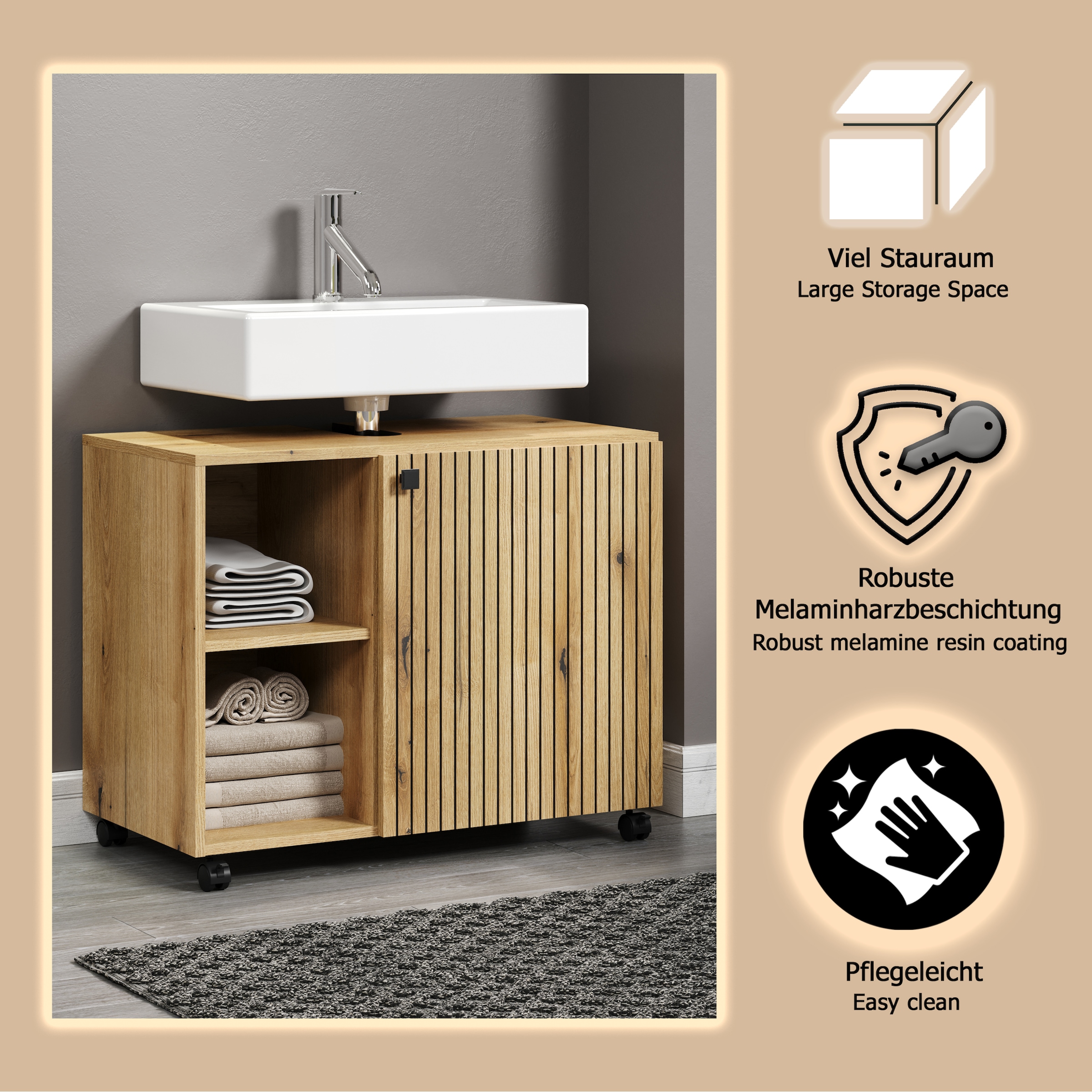 welltime Waschbeckenunterschrank »Amrum«, (1 St.), Waschtisch auf Rollen - (B/T/H) wahlweise 60-80/42/64 cm