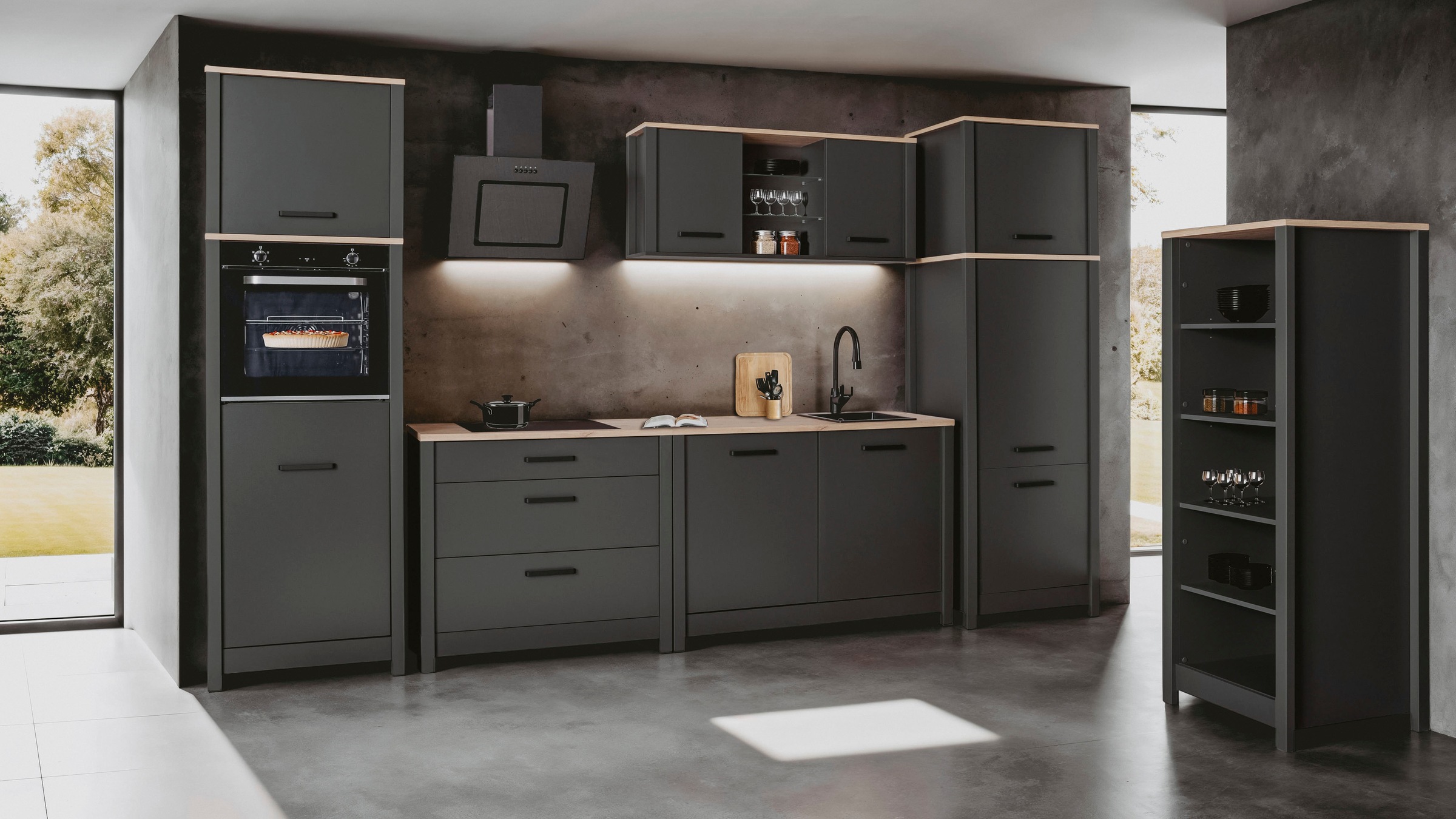 Inter Link Küchenzeile »Carbona, Einbauküche, Küchenblock, Küchenmodul, Kompaktküche« Ohne E-Geräte für Spülmaschine Kochfeld Backofen Kühlschrank B: 430 cm