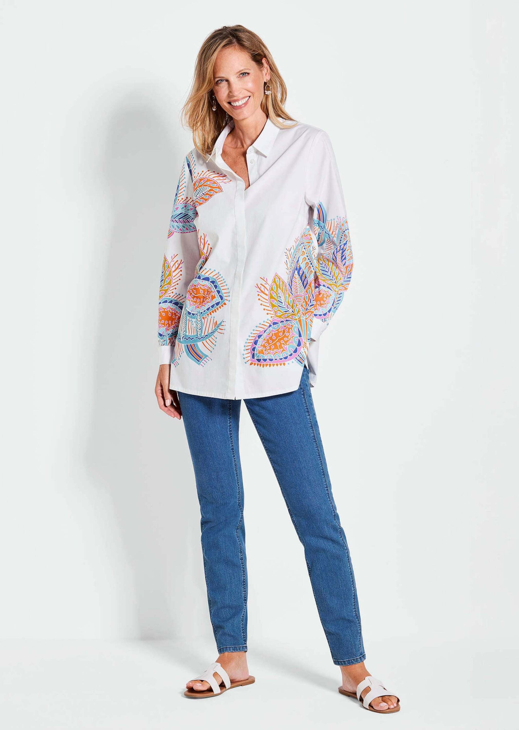 GOLDNER Kurzarmbluse "Kurzgröße Elegante Langarmbluse mit Print" Perlenstic günstig online kaufen