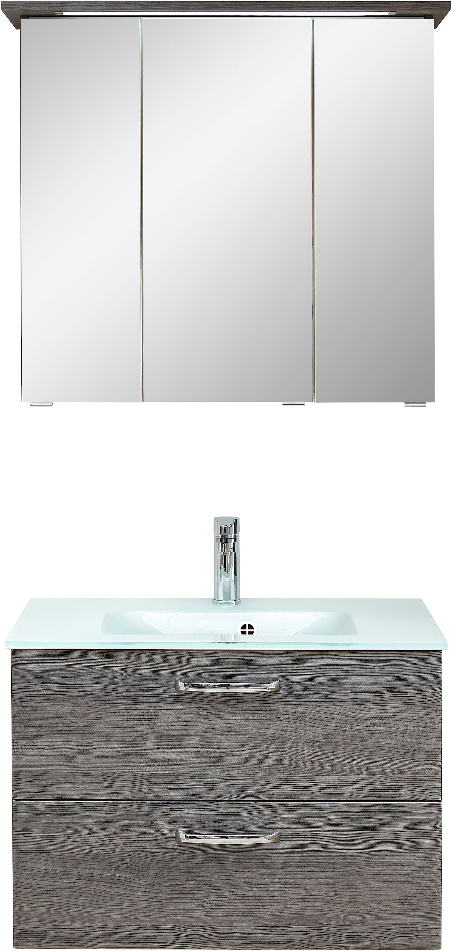 Saphir Badmöbel-Set »Quickset 328 3-teilig, inkl. Glas-Waschtisch und LED-Spiegelschrank«, (Set, 3 St.), Midischrank, mit Türdämpfern, 5 Türen, 3 Schubladen, 9 Einlegeböden