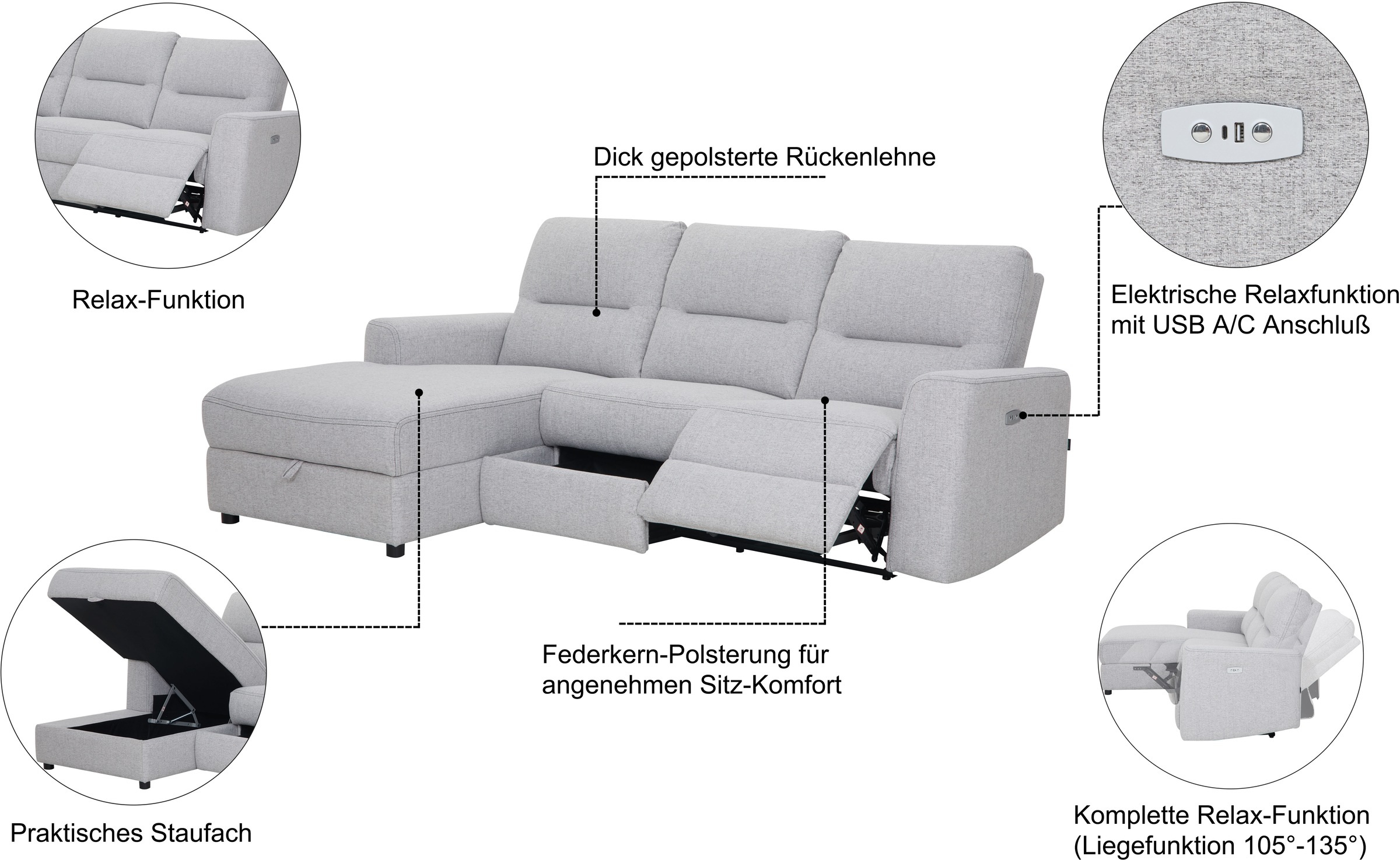 Home affaire Ecksofa »VENOIR, L-Form, 250 cm, manuelle u. elektrische Funktion (m. USB A/C)«, Stauraum unter der Recamiere, 2. Staufach, Federkern