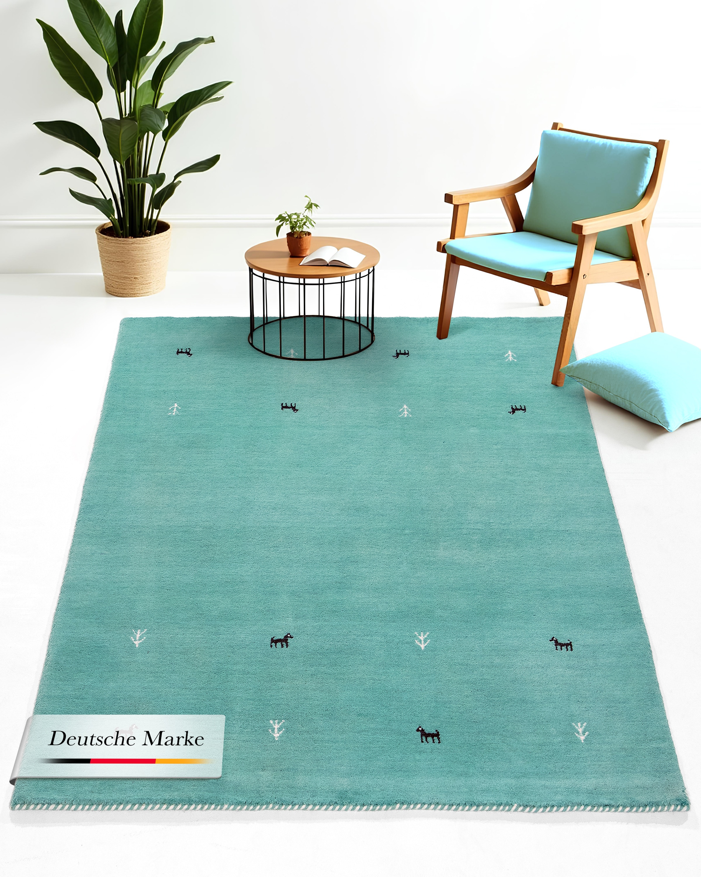 Wollteppich CARPETFINE "Gabbeh Uni, auch als Läufer und Rund erhältlich", blau (türkis), B:240cm H:15mm L:340cm, Wolle, Teppiche, reine Wolle, handgewebt, Gabbeh Loom Tiermotiv, große Farbauswahl