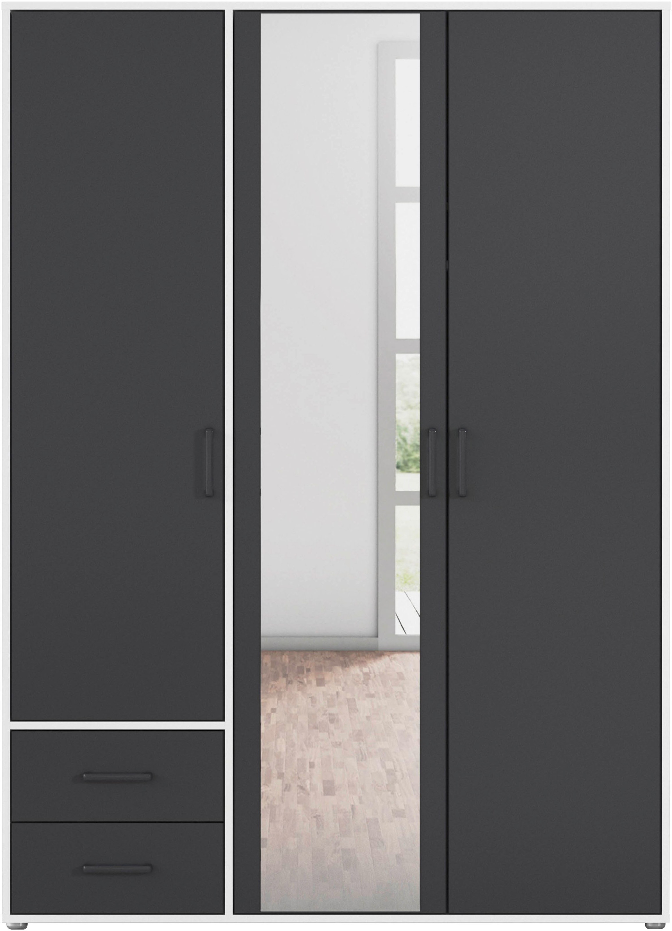 rauch Drehtürenschrank »Kleiderschrank Schrank Garderobe Wäscheschrank VOYAGER«, (in 3 verschiedenen Ausstattungen BASIC/CLASSIC/PREMIUM), mit modernen Griffen in Graumetallic, inkl. Schubkästen und Spiegel