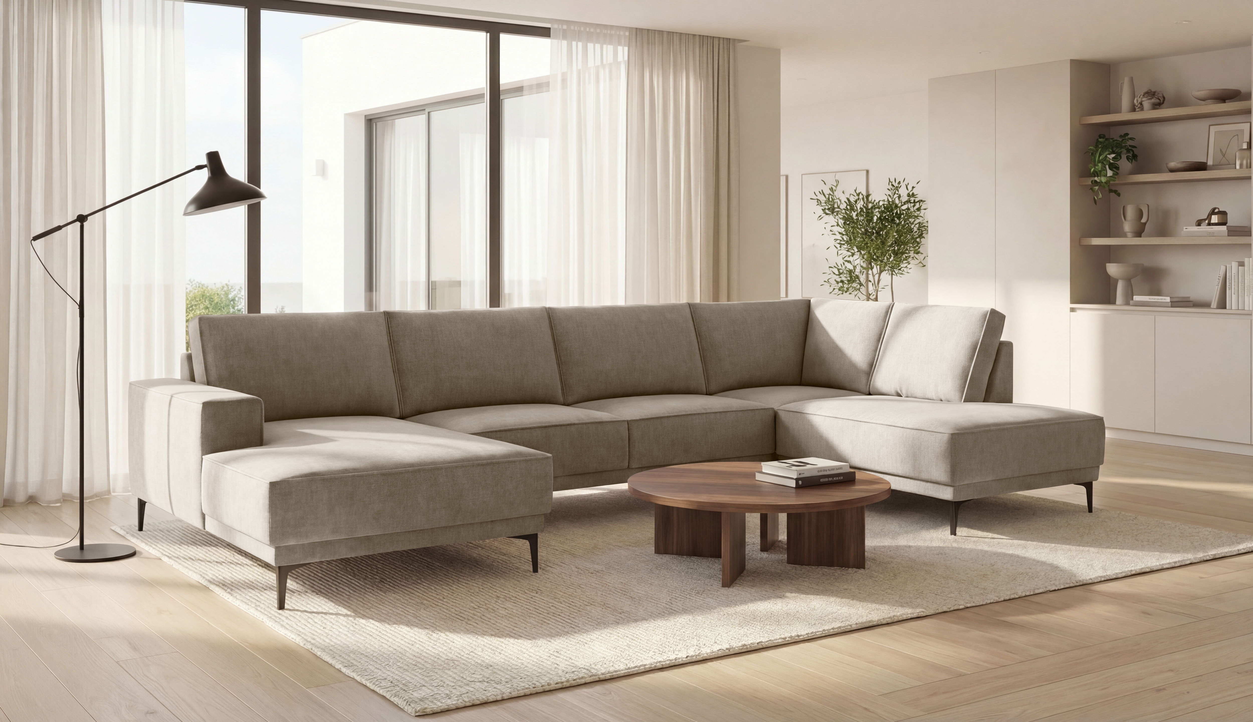 OTTO home Wohnlandschaft "OLAND Bouclé U-Form, XXL, B: 345 cm, Skandi-Design" U-Form, 345 cm, Wellenunterfederung, Skandi-Design, Metallfüße
