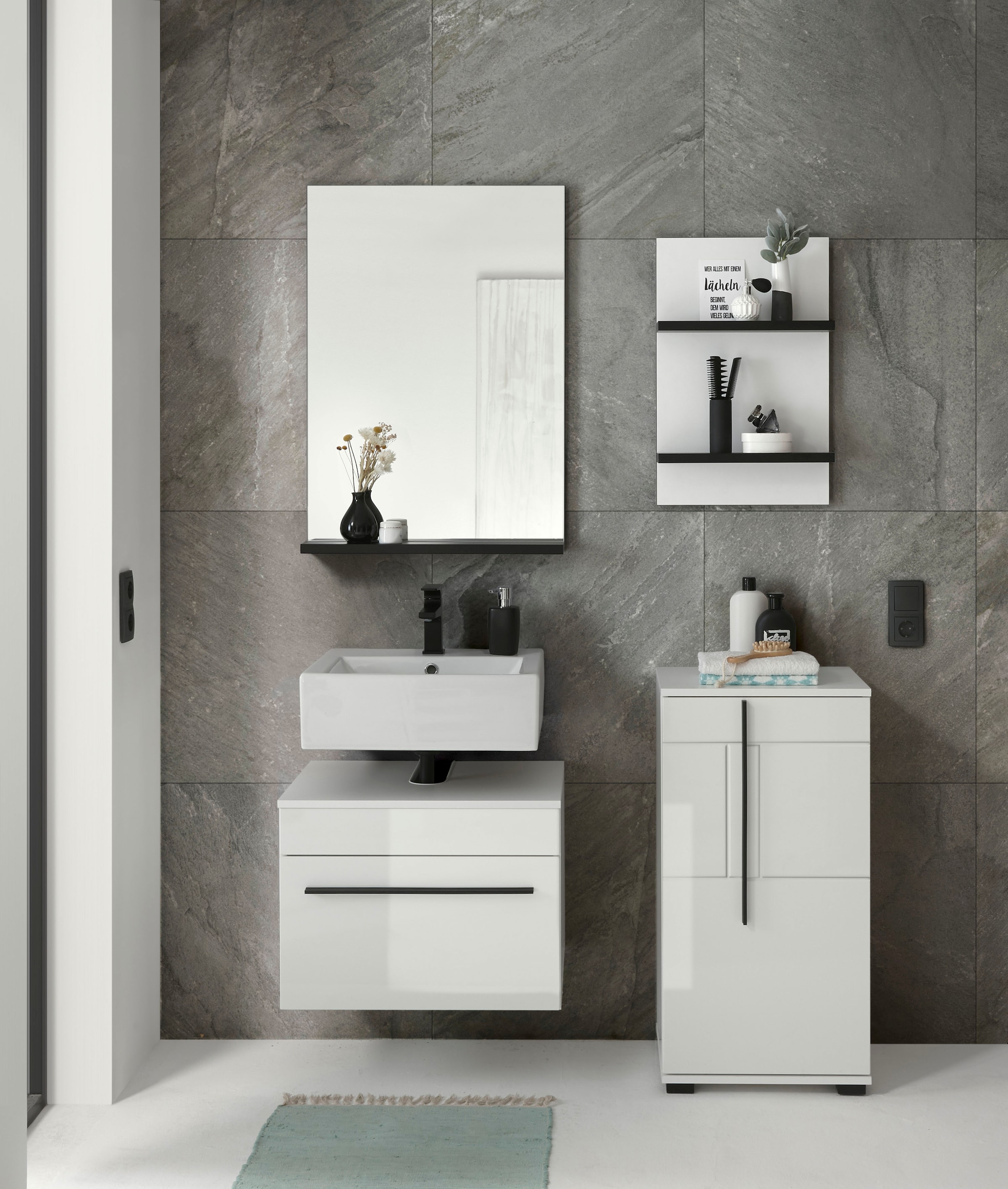 INOSIGN Badmöbel-Set »Cantara, Bad im modernen Design, 4-teiliges Badezimmer«, (Set, 4 St.), Unterschrank, Schrank, Hängeregal und Spiegel, in Weiß Hochglanz