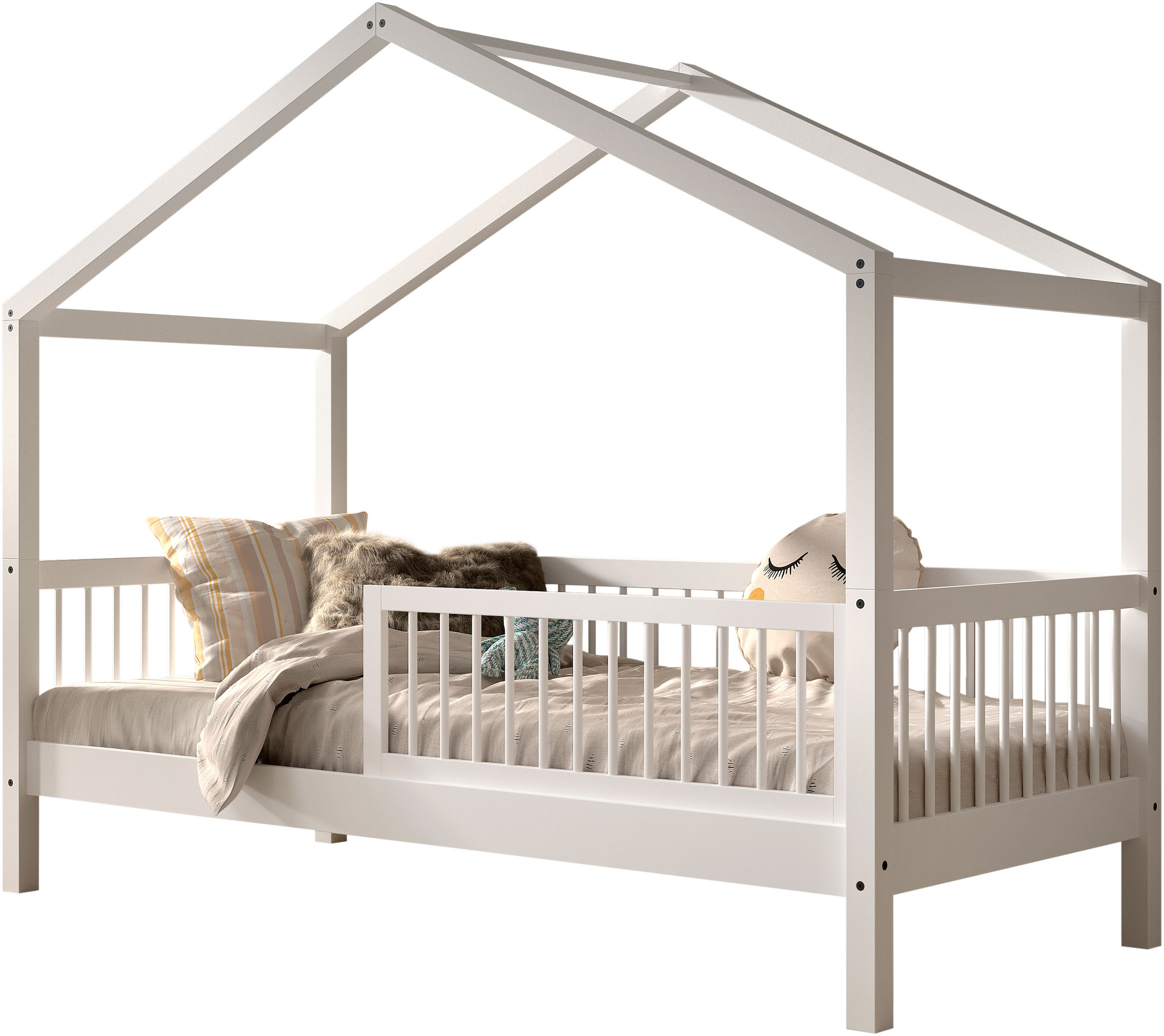 Vipack Hausbett "Forrest mit Dachaufbau, Rausfallschutz, später umbaubar zum Einzelbett" 90/200 Buche massiv weiß lackiert, wahlweise mit o. ohne Bettschublade