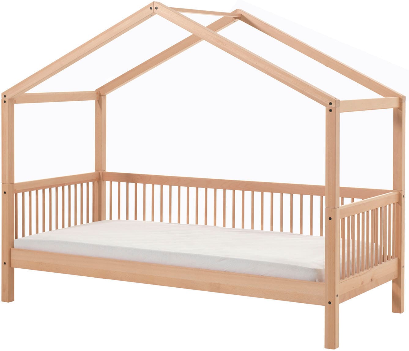 Vipack Hausbett »Forrest aus massiver Buche natur, hochwertig und stabil gebaut« Liegefläche 90/200cm, mit Sprossenumrandung, Dach demontierbar,  ein Traum für jedes Kinderzimmer, später auch als Einzelbett nutzbar
