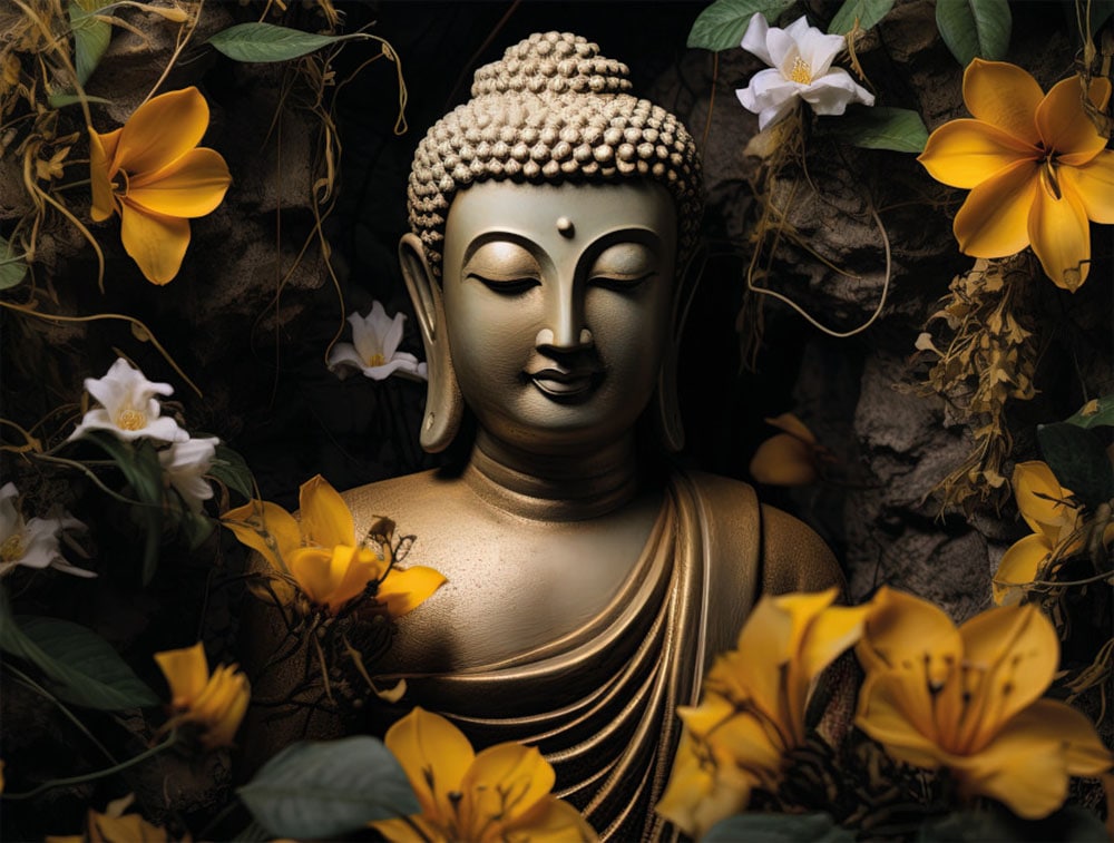Bönninghoff Leinwandbild "Wandbild BUDDHA 46x61 cm – Leinwandbild Keilrahmen Deko modern" Blumenbilder Buddha Natur 1 Stk. tlg. auf Keilrahmen gespannt