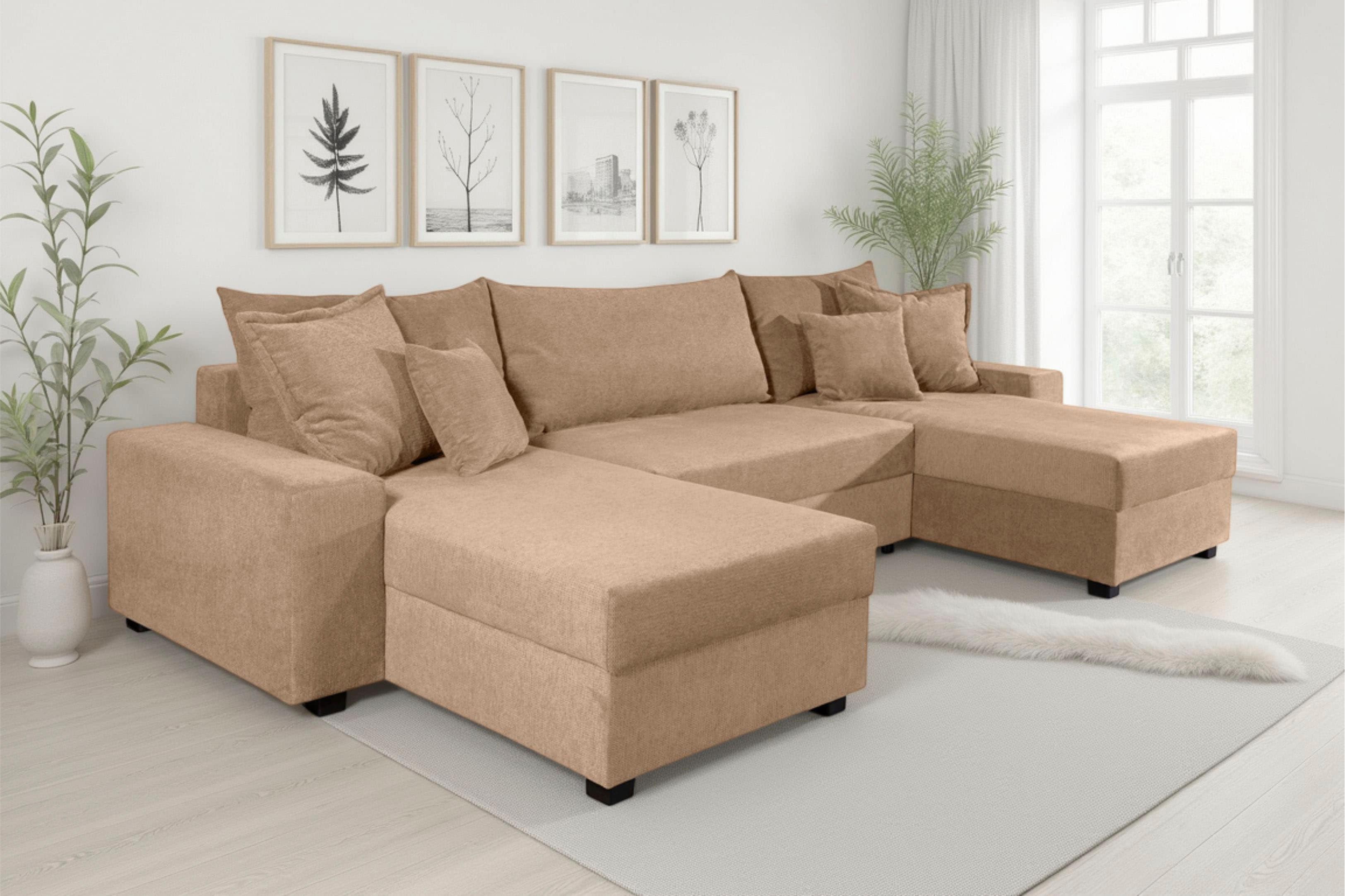 OTTO home Wohnlandschaft "Alexa U-Form, B: 313 cm, inkl. Schlaffunktion" inkl. Bettkasten, 4 Zierkissen, XXL Liegefläche 268x137cm, Federkern