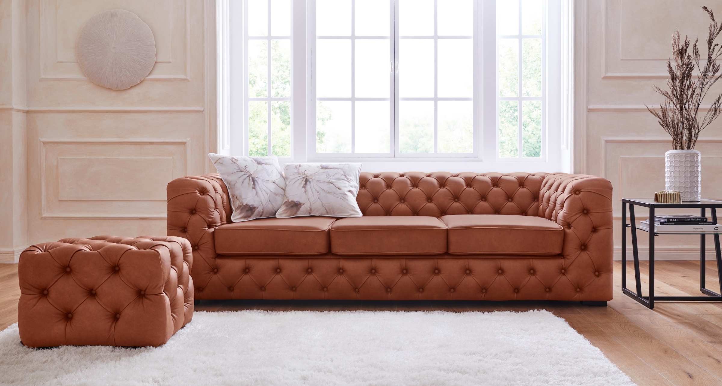 Home affaire Chesterfield-Sofa "Kalina, B: 230cm, handgefertigt, hochwertiger Stoff und Leder" klassische Chesterfield-Knopfheftung, sehr hochwertige Verarbeitung