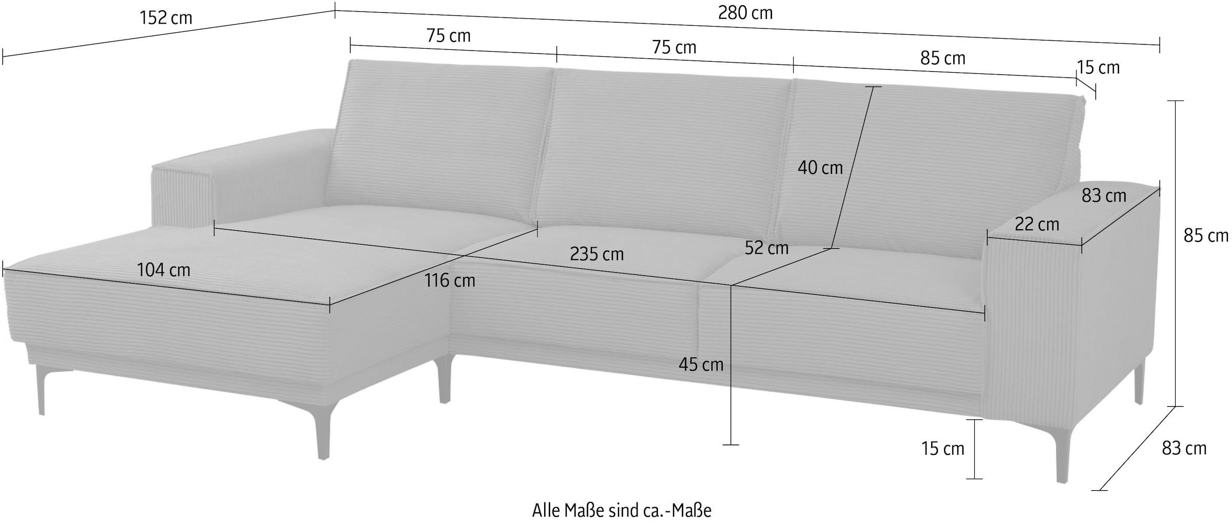 OTTO home Ecksofa »OLAND Cord L-Form, B: 280 cm, Skandi-Design« L-Form, 280 cm, Wellenunterfederung, Skandi-Design, Metallfüße