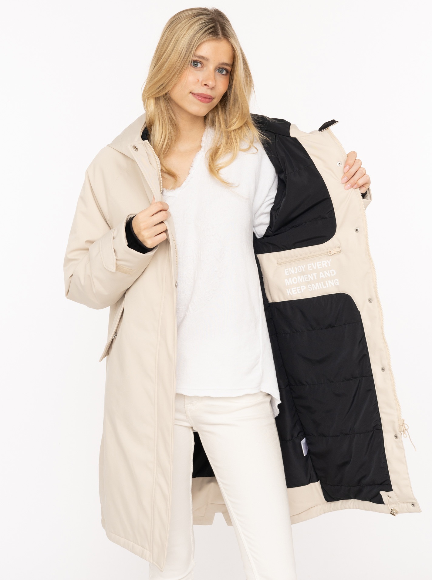 Zwillingsherz Kurzmantel ""Keep Smiling"" Kapuze, verdeckter Reißverschluss günstig online kaufen