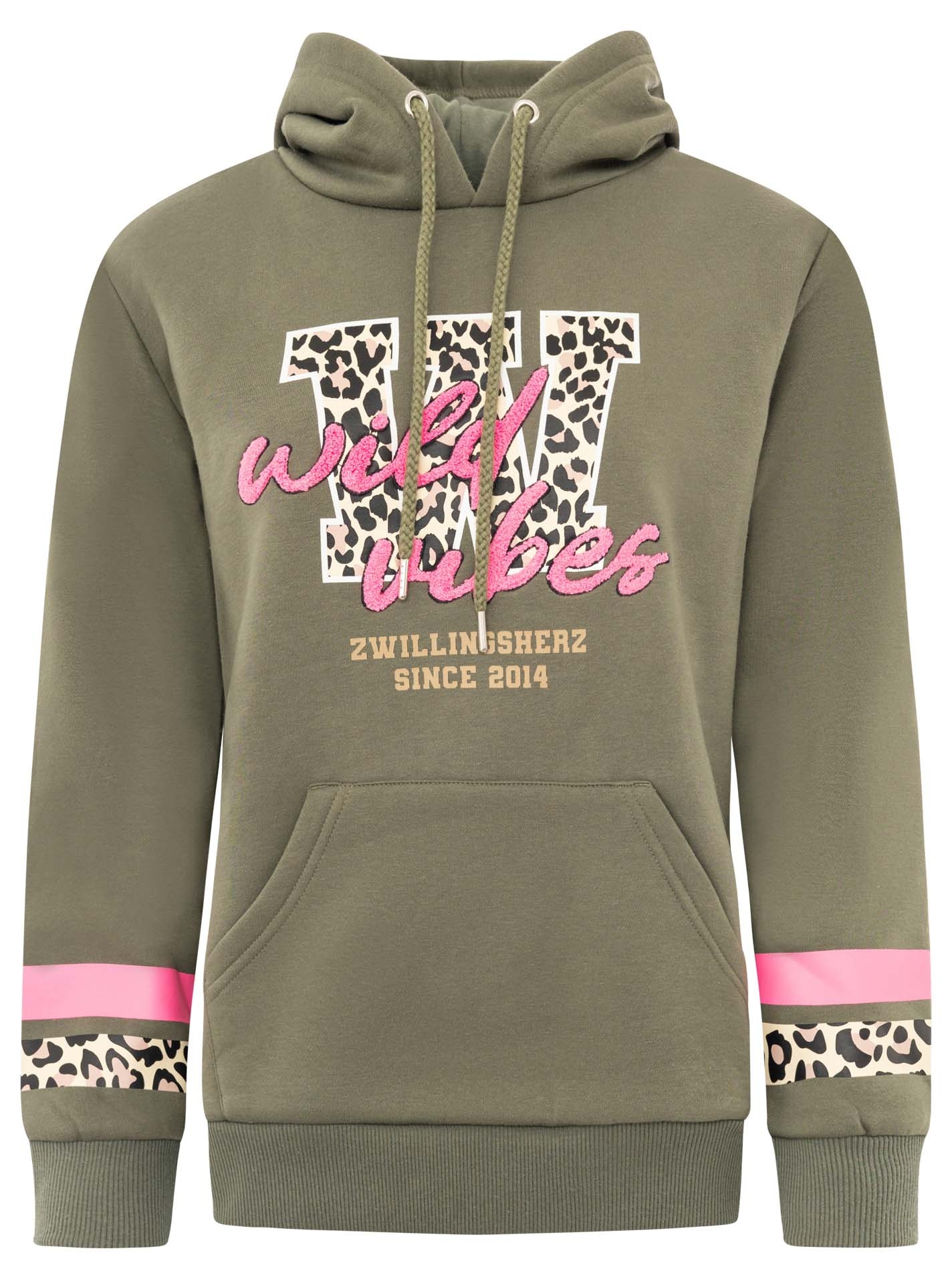 Zwillingsherz Hoodie ""Wild Vibes College"", Frontmotiv, Leo Details, Kapuze mit Kordel, Streifen am Arm
