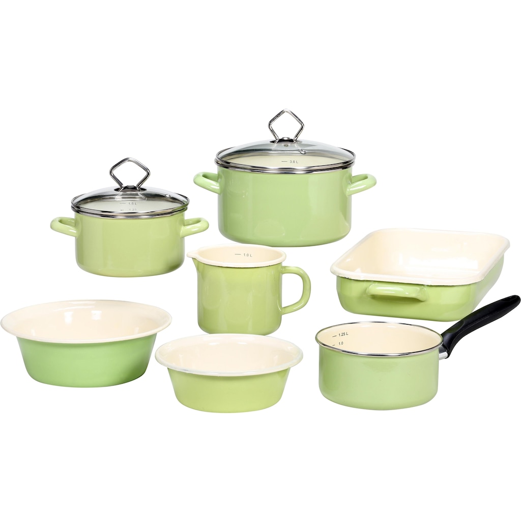 Krüger Topf-Set »Juist«, Emaille, (Set, 9 tlg., Kochtopf 16/20 cm, Kasserolle 16 cm, Milchtopf 12 cm, Pfanne 32x22 cm)