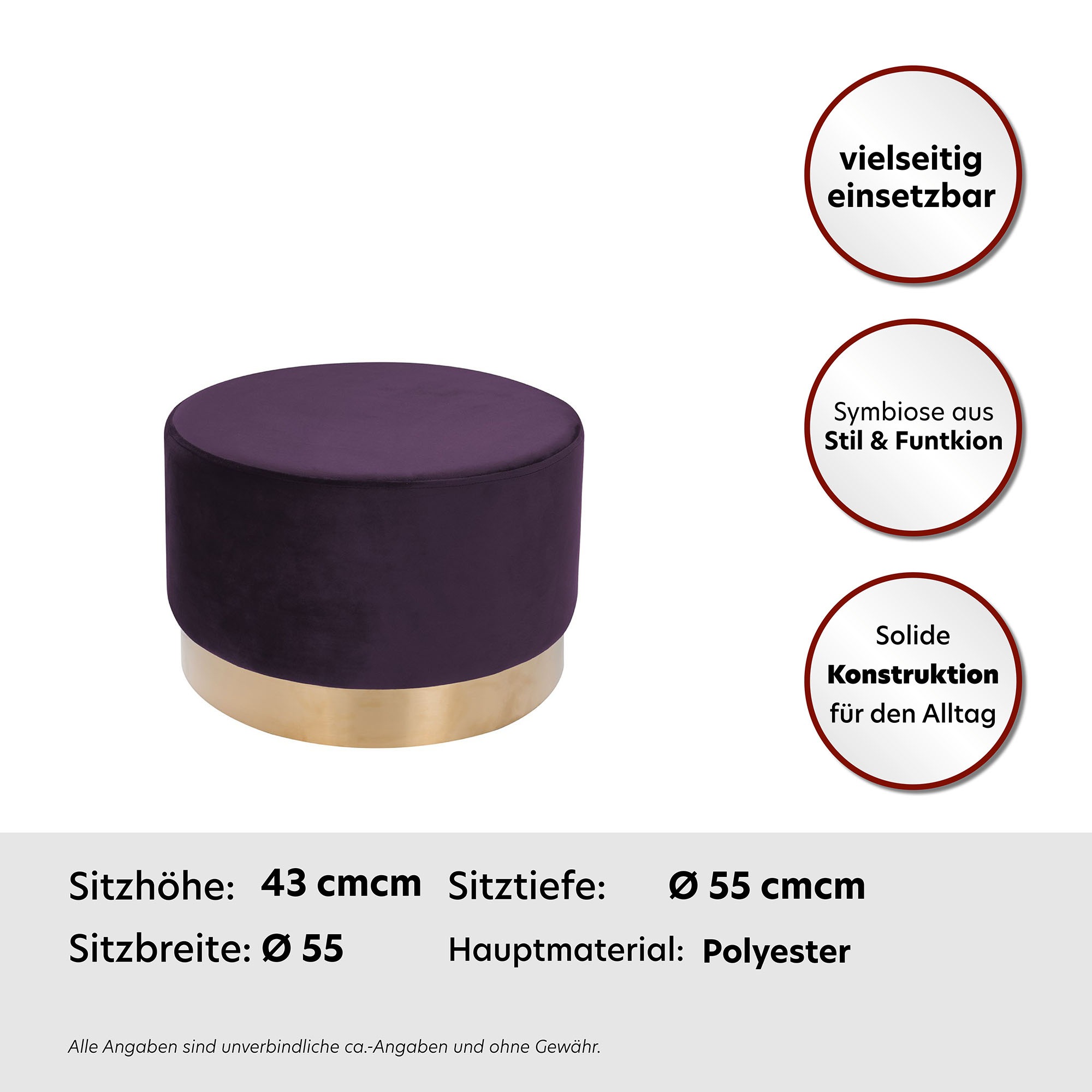 Kayoom Hocker »Nano 510, Hocker in stilvollem Design,weiche Schaumstoff-Sitzfläche«, (1 St.), Golz Akzente, mit pflegeleichtem Stoffbezug, große runde Form