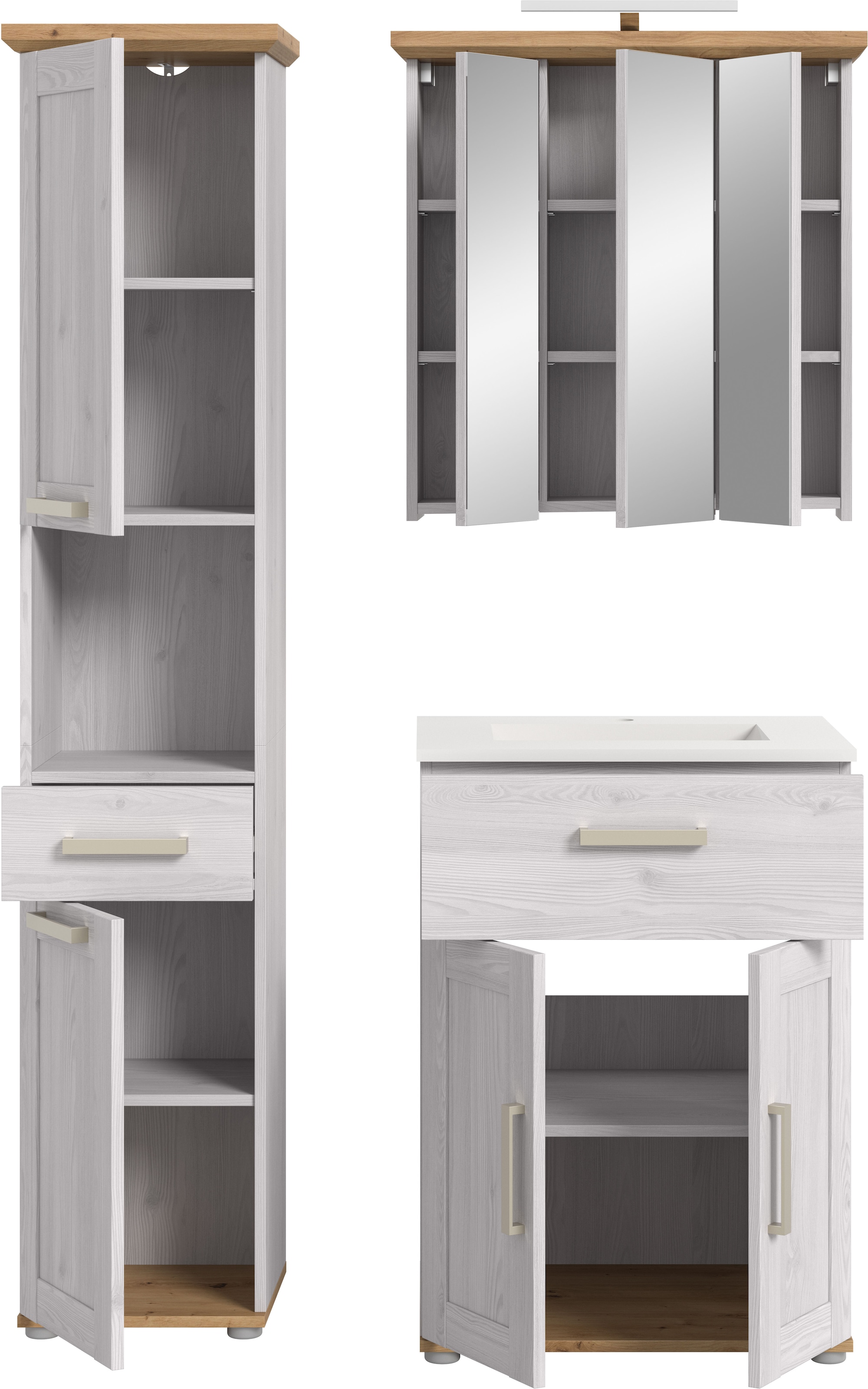 welltime Badmöbel-Set »COSENZA, 3-teilig, inkl. Beleuchtung, mit farblich abgesetztem Kranz« best.aus: Hochschrank, Waschtisch inkl. Waschbecken & Spiegelschrank, 4 Stk. tlg.