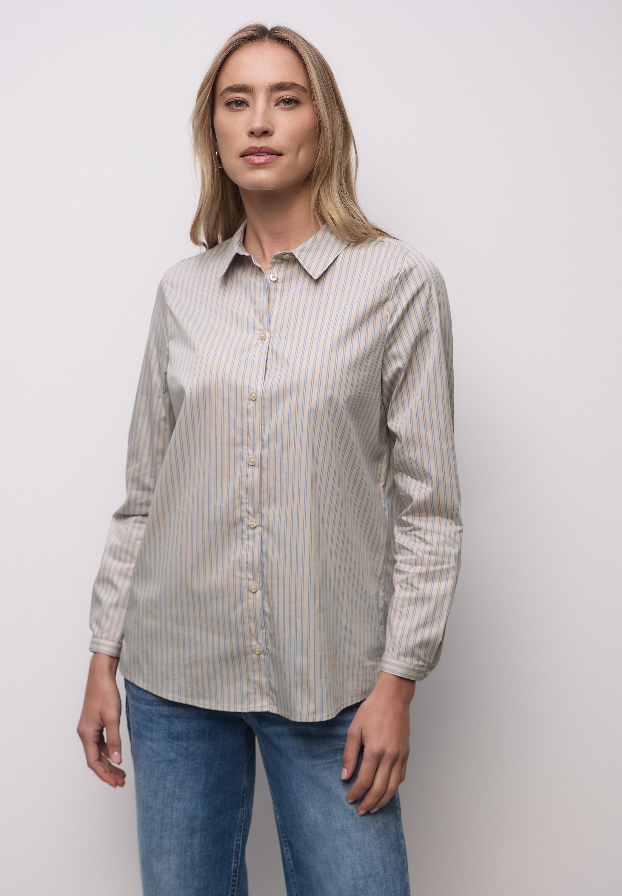 Langarmbluse STREET ONE, Damen, Gr. 46, cotton beige, Web, 79% Baumwolle, 19% Polyamid, 2% Elasthan, gestreift, normal normal, V-Ausschnitt, Bündchen, Blusen, aus Baumwolle mit Stretchanteil