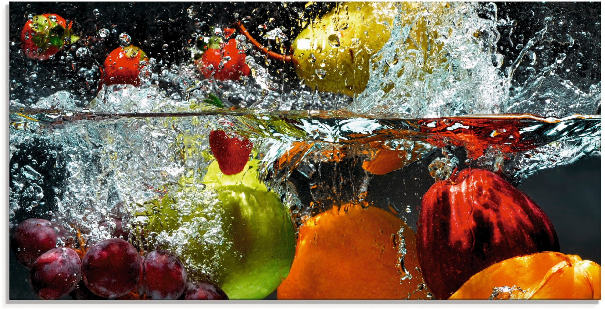 Glasbild ARTLAND "Spritzendes Obst auf dem Wasser", bunt (farbe bild(er): bunt), B:100cm H:50cm, Bilder, in verschiedenen Größen