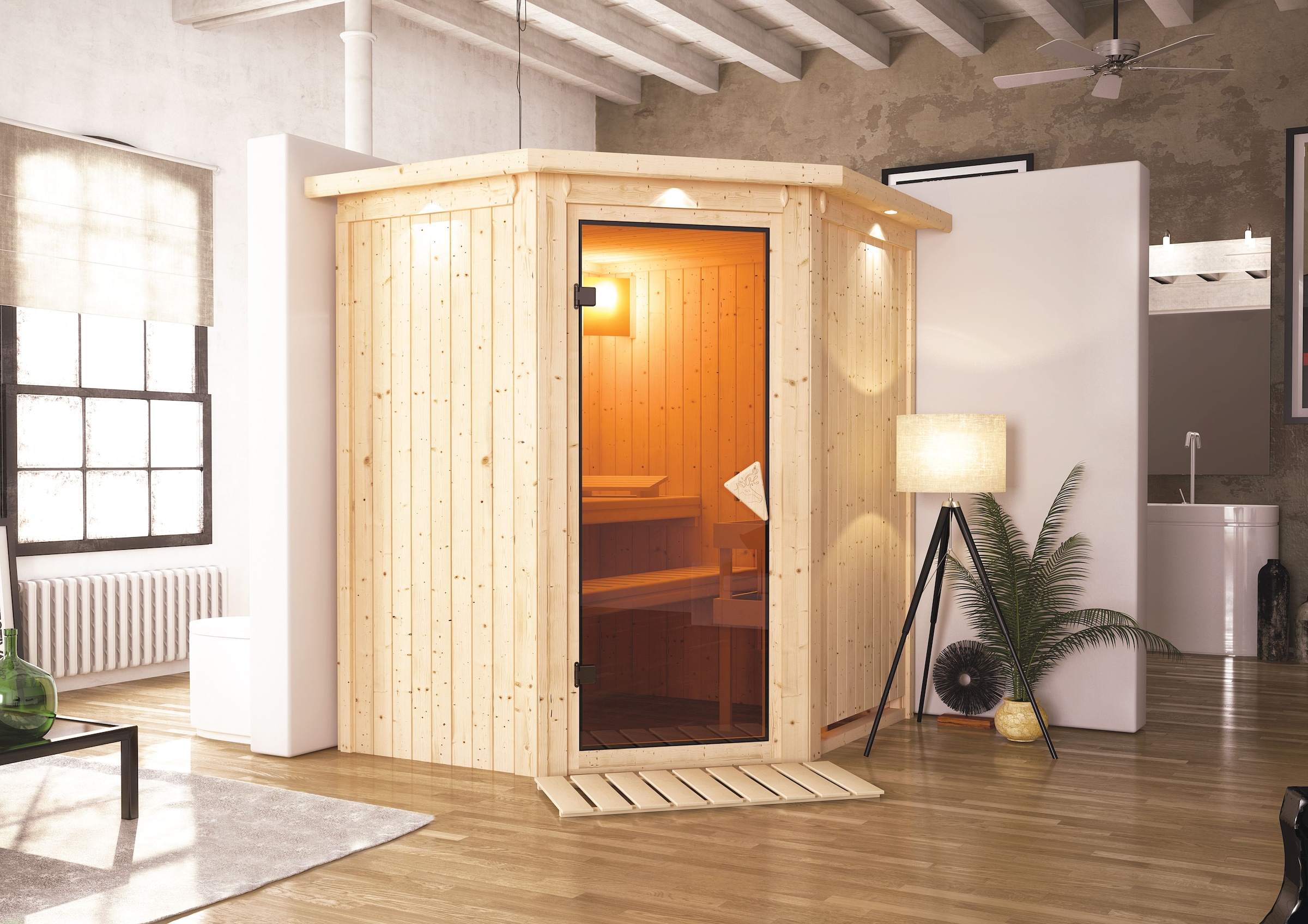 Karibu Sauna ""Liyah" mit bronzierter Tür und Kranz naturbelassen" Set, in verschiedenen Ausführungen erhältlich