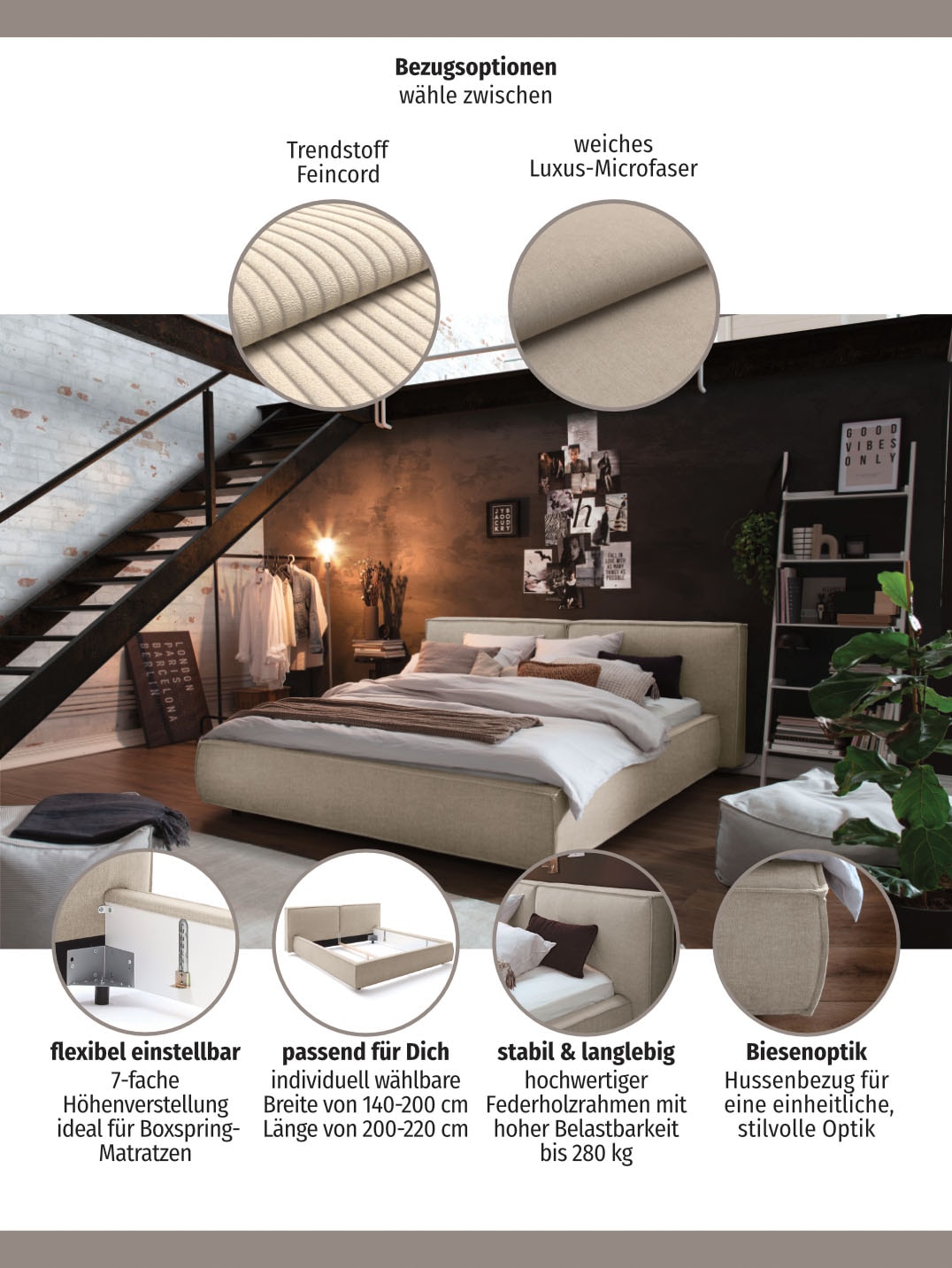 Thumbnail - Home affaire Polsterbett "Adrina mit Biesenoptik, Feincord und Luxus-Microfaser" bis 280kg, auch in Überlänge 220 cm, 4 ...