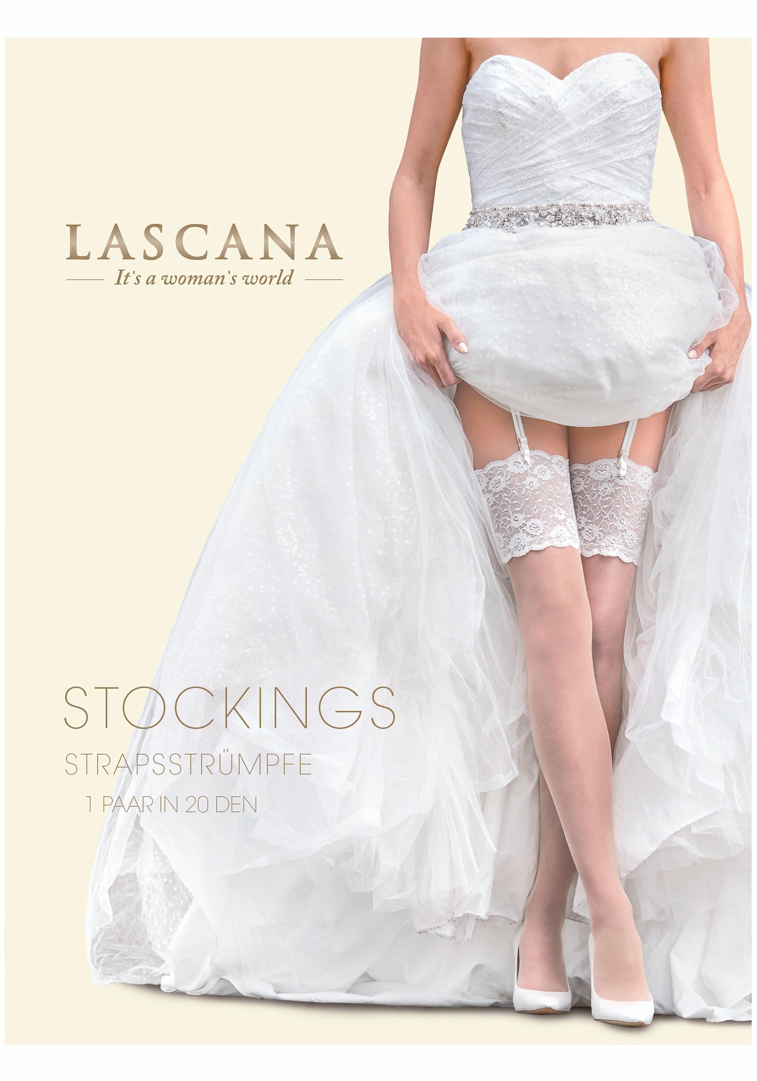 LASCANA Strapsstrümpfe "Hochzeitsstrümpfe, verführerische Damen Strümpfe mit edler Spitze" 20 DEN Packung, 1 Stk. tlg. mit breiter Spitze, ohne Silikon