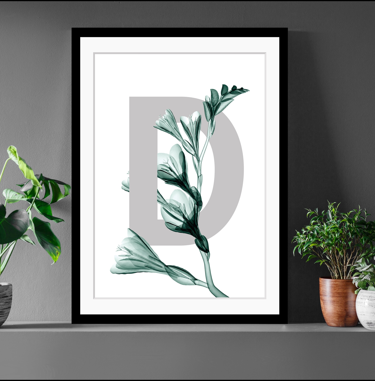 queence Bild "D-Flower" Buchstaben Pflanzen Pflanzenbilder Blume, Blätter, gerahmt
