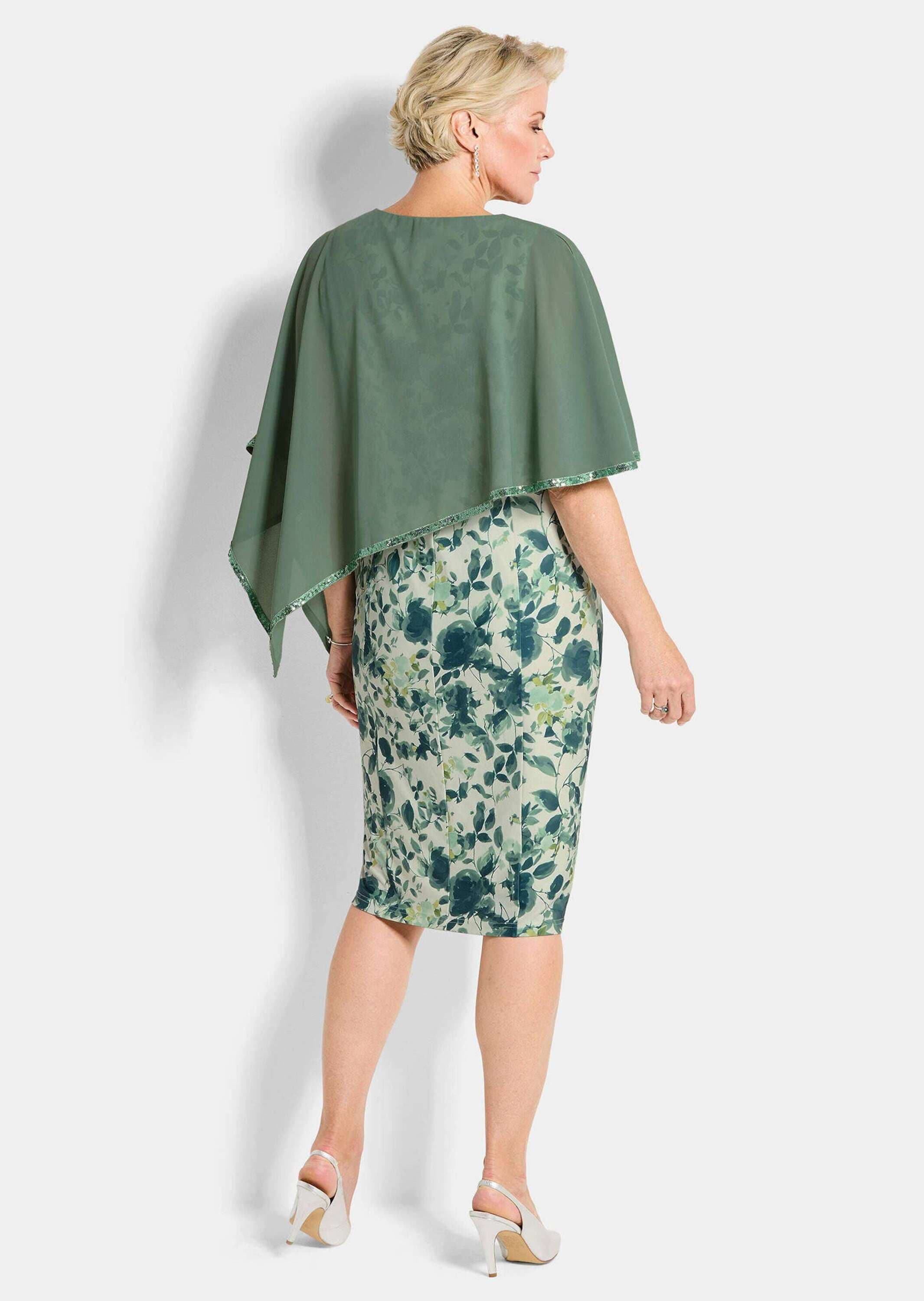 GOLDNER Abendkleid »Kurzgröße Cocktailkleid mit Chiffonüberwurf« Ohne Taschen Paillettenzierband am Armabschluss