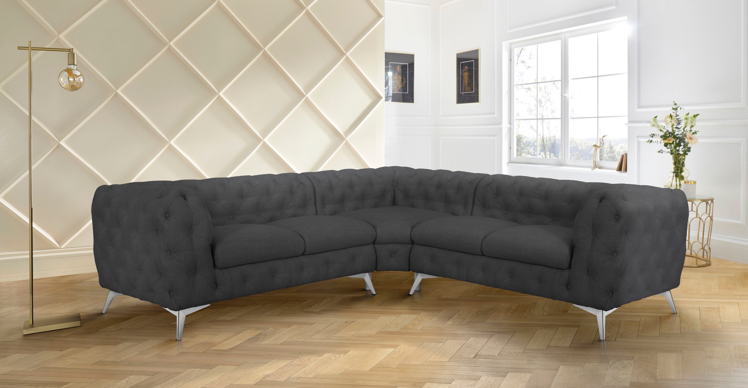Leonique Chesterfield-Sofa »Ecksofa GLYNIS L-Form mit Wellenunterfederung, Maße B/T/H 264/264/75cm«, aufwändige Knopfheftung, moderne Chesterfield Optik, Fußfarbe wählbar