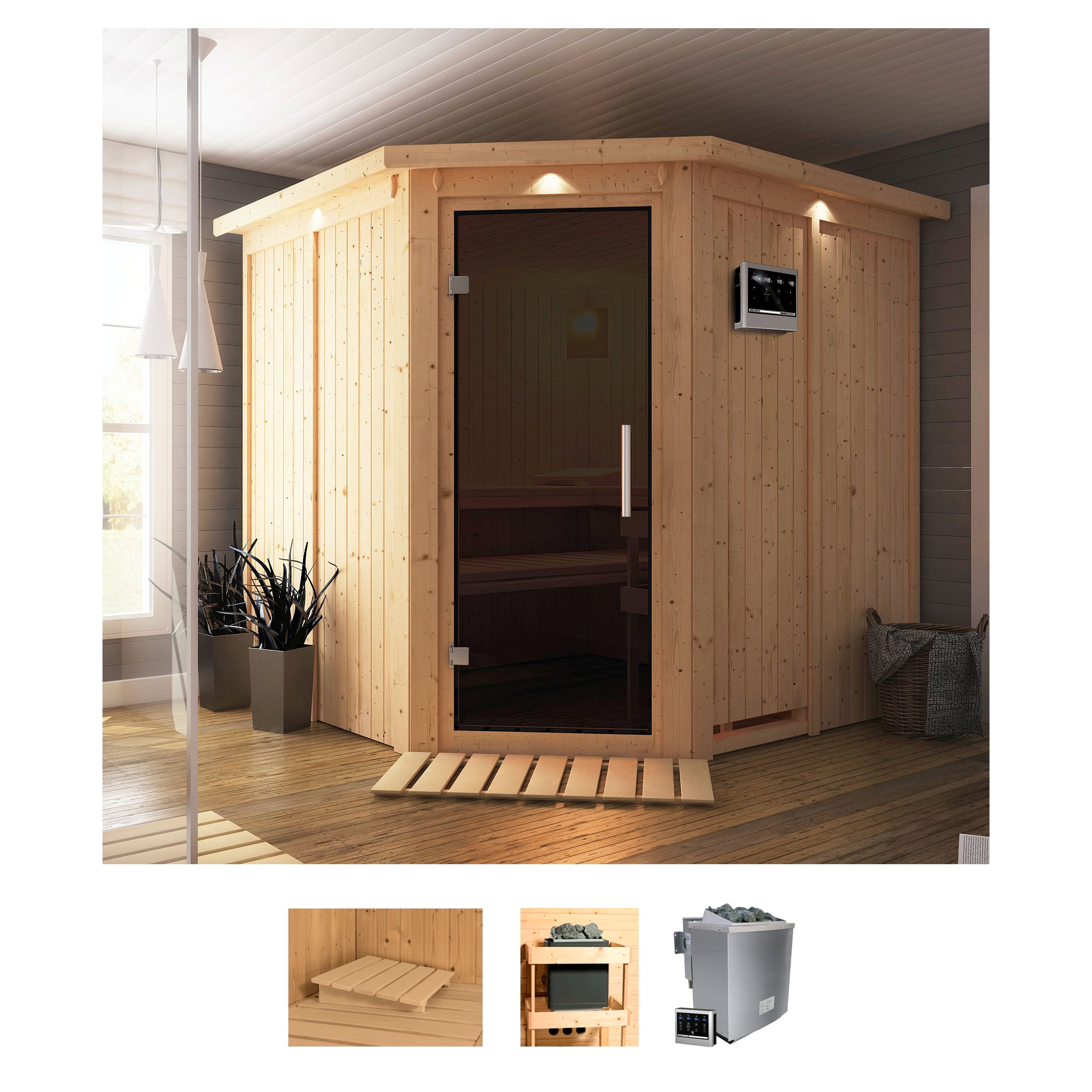 Karibu Sauna "Jarin" Set, Ofen 9 kW Bio externe Strg easy
