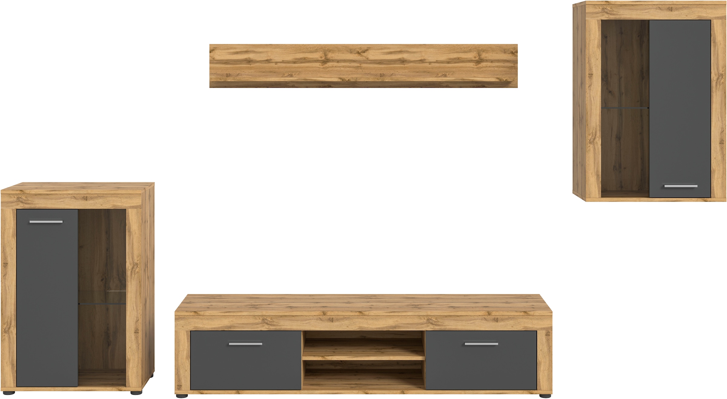 INOSIGN Wohnwand »Aosta, 4-tlg., bestehend aus: 2x Vitrine, Lowboard & Wandboard«, (4 St.), Wohnwand, Kombination, Anbauwand, Möbel Set, Schrankwand, Möbel Kombi
