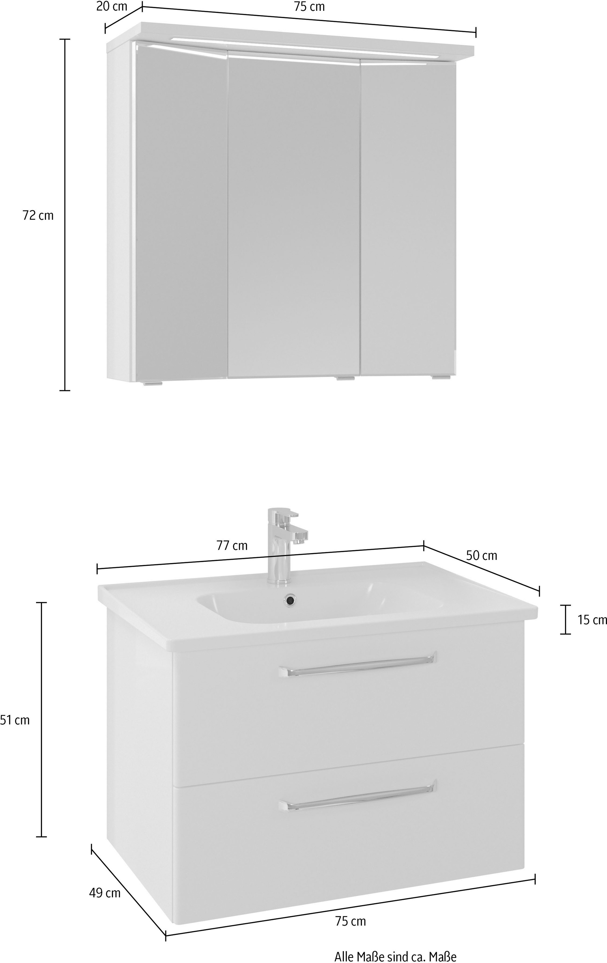 Saphir Badmöbel-Set »Trentino 2-teilig Keramik-Waschtisch mit LED-Spiegelschrank«, (3 St.), Badmöbel-Set 79cm breit, inkl. Türdämpfer, 3 Türen, 2 Auszügen