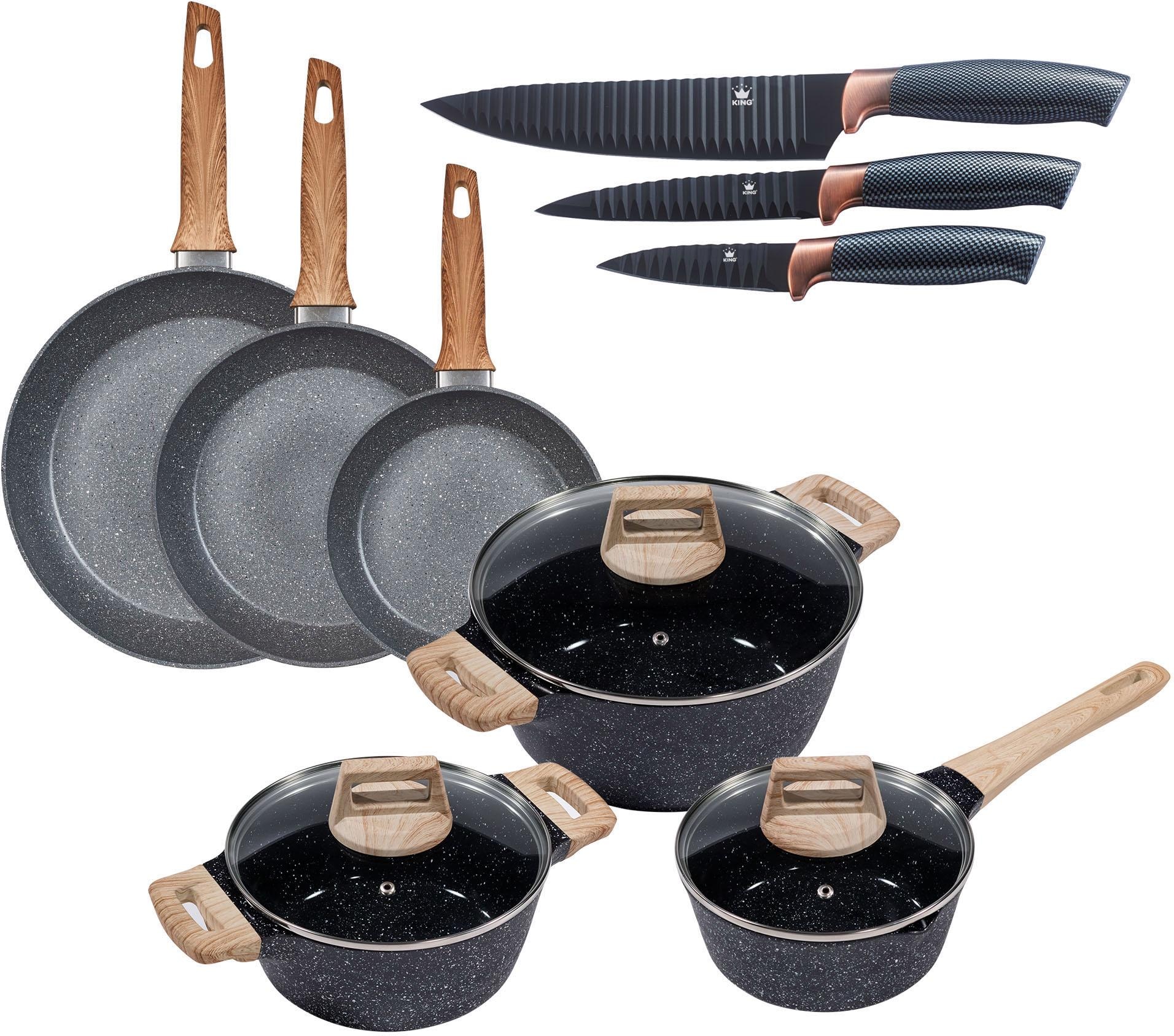 KING Topf-Set »Essential«, Aluminium, (Set, 12 tlg., 3 Töpfe, 3 Deckel, 3 Pfannen, 3 Küchenmesser), Induktion