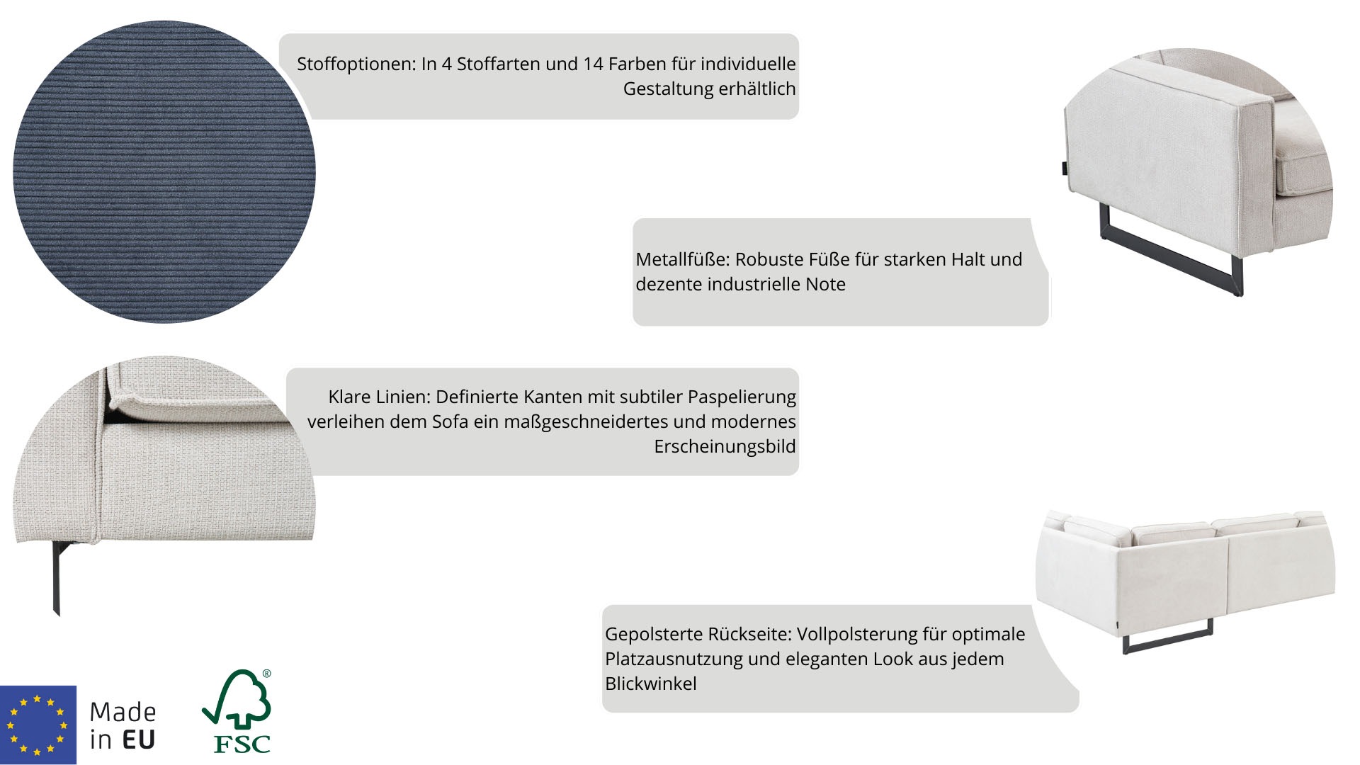 Thumbnail - Home affaire Ecksofa "Pinto, 290 cm, Cord, Chenille, Lederoptik, Ottomane links / rechts" mit Keder, schwarze Metallfüße...