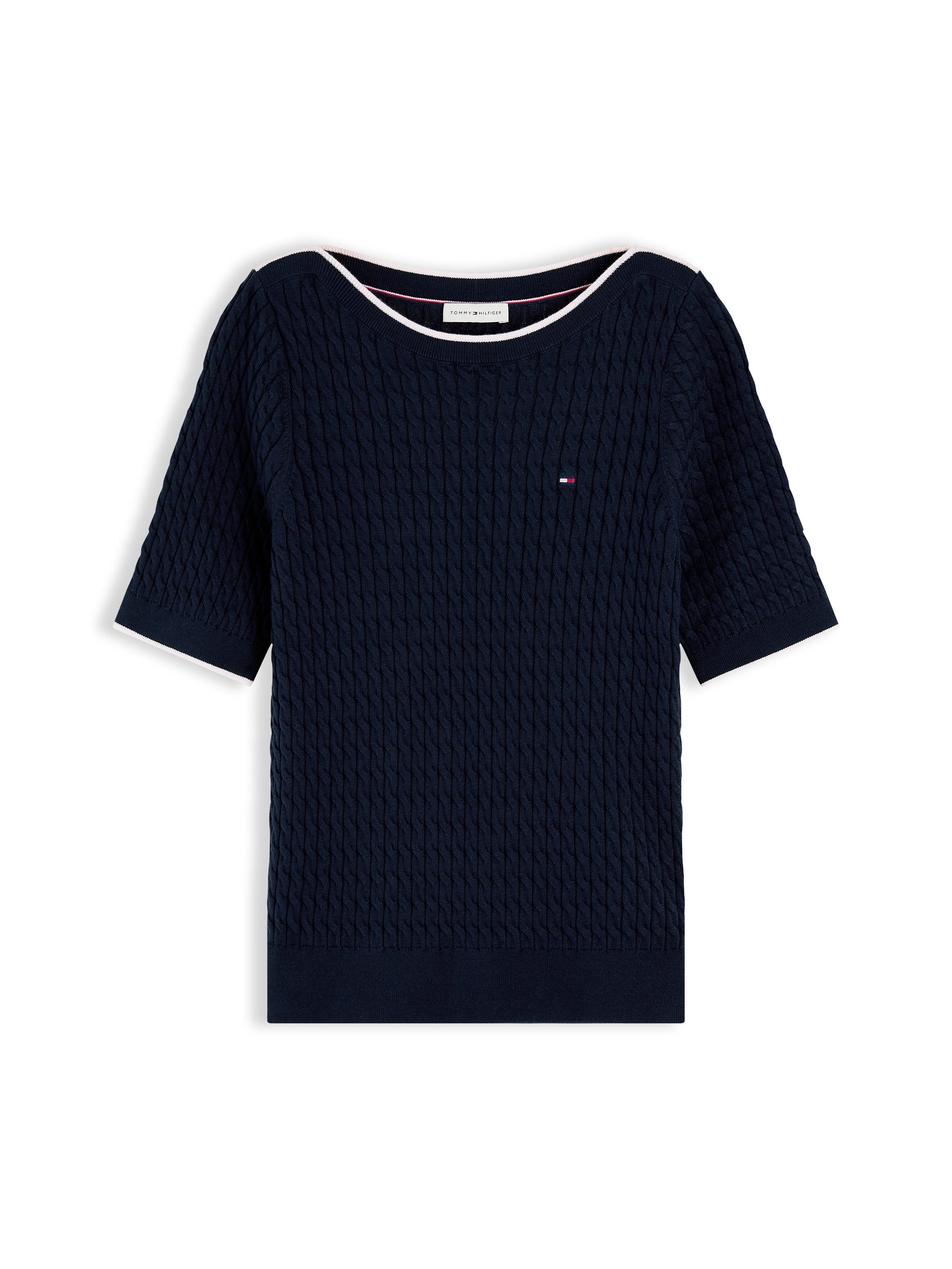 Tommy Hilfiger Kurzarmpullover »FINE GG CABLE BOAT NK S/S« Baumwolle, mit Zopfstrickmuster