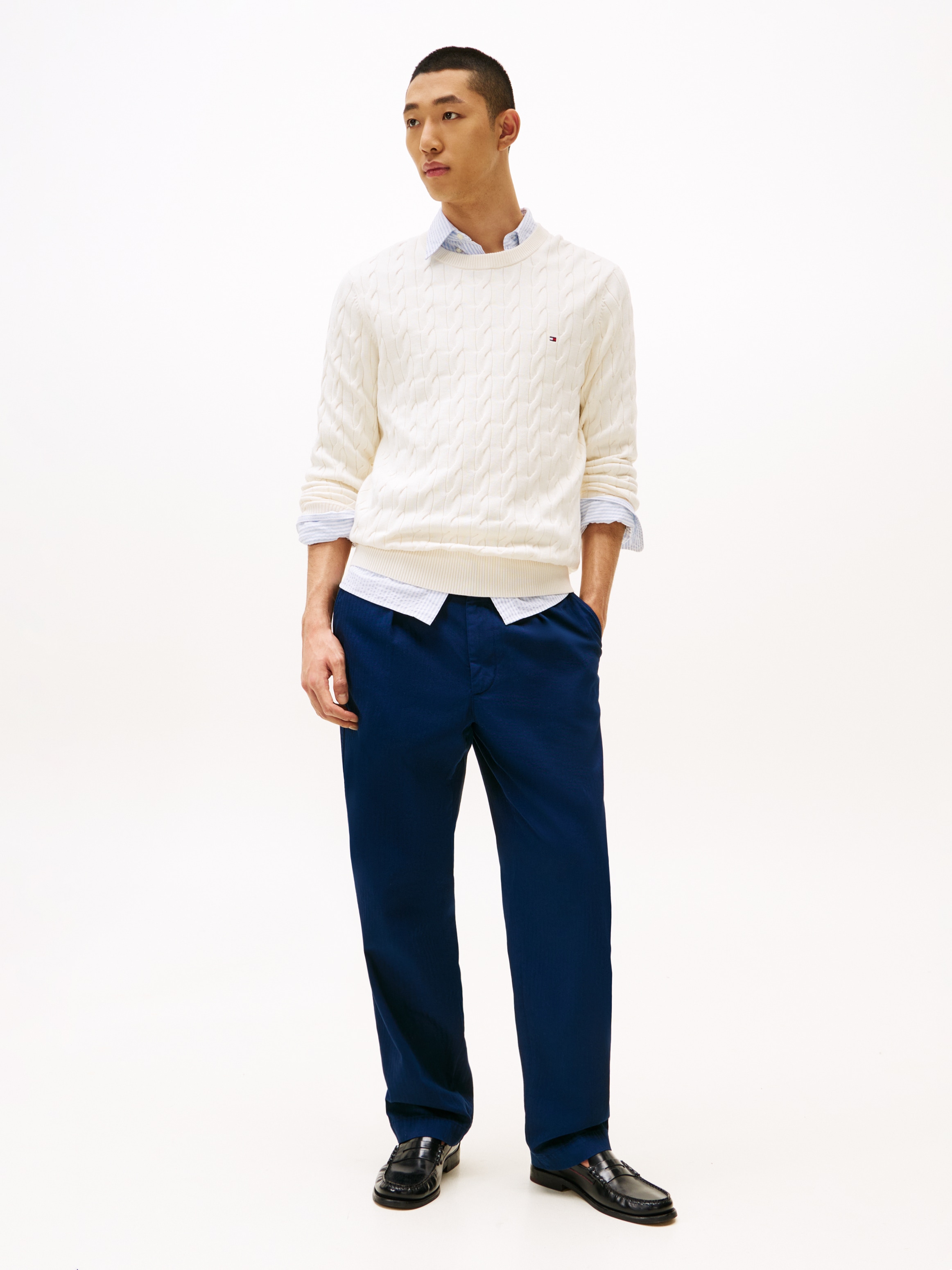 Tommy Hilfiger Strickpullover »CLASSIC CABLE CREW NECK mit Strukturstrick und Flaglabel« unifarben, casual, regular fit, Baumwolle, Rundhals