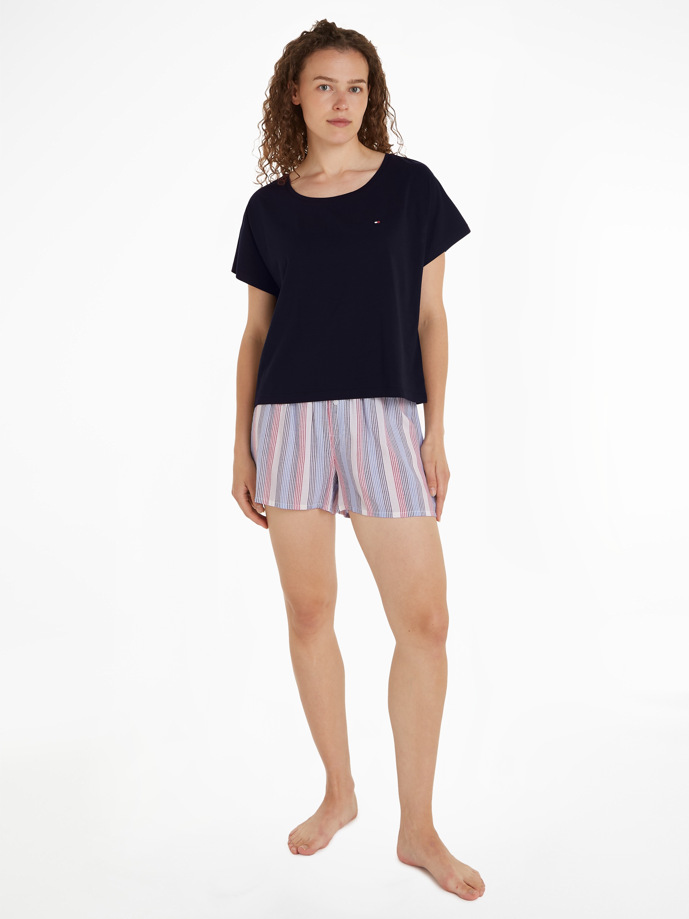 Tommy Hilfiger Underwear Shorty »SS PYJ SET WOVEN«, (Set, 2 tlg., Shirt+Shorts), Shirt uni, Shorts gemustert