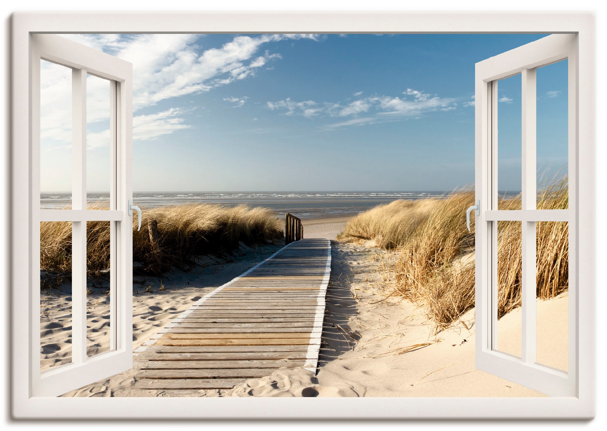 in (1 versch. oder St.), BAUR | Nordseestrand bestellen »Fensterblick Größen Wandaufkleber auf Poster Langeoog«, Artland Wandbild Leinwandbild, als Fensterblick,