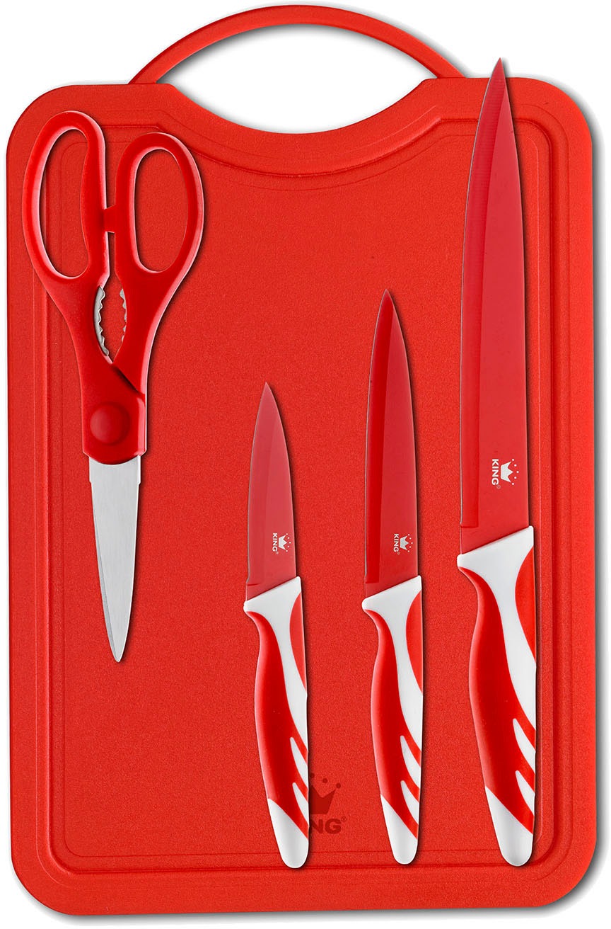 KING Schneidebrett »»FRESHIN««, (Spar-Set, 11 St., Schüsselgrößen: Ø17.5 Ø14.5 Ø12cm, 3 Messer, 1 Schneidebrett, 1 Schere), Schüsseln Edelstahl, mit Frischaltedeckel, Schneidebrett