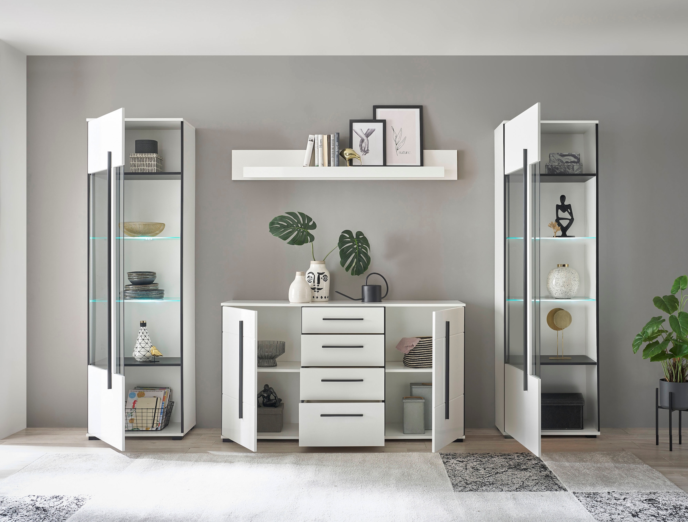 INOSIGN Wohnwand »Cantara, moderne Anbauwand, Wohnzimmer-Set, in Eiche Evoke oder Weiß«, (Set), enthält zwei Vitrinen, ein Sideboard und ein Wandboard