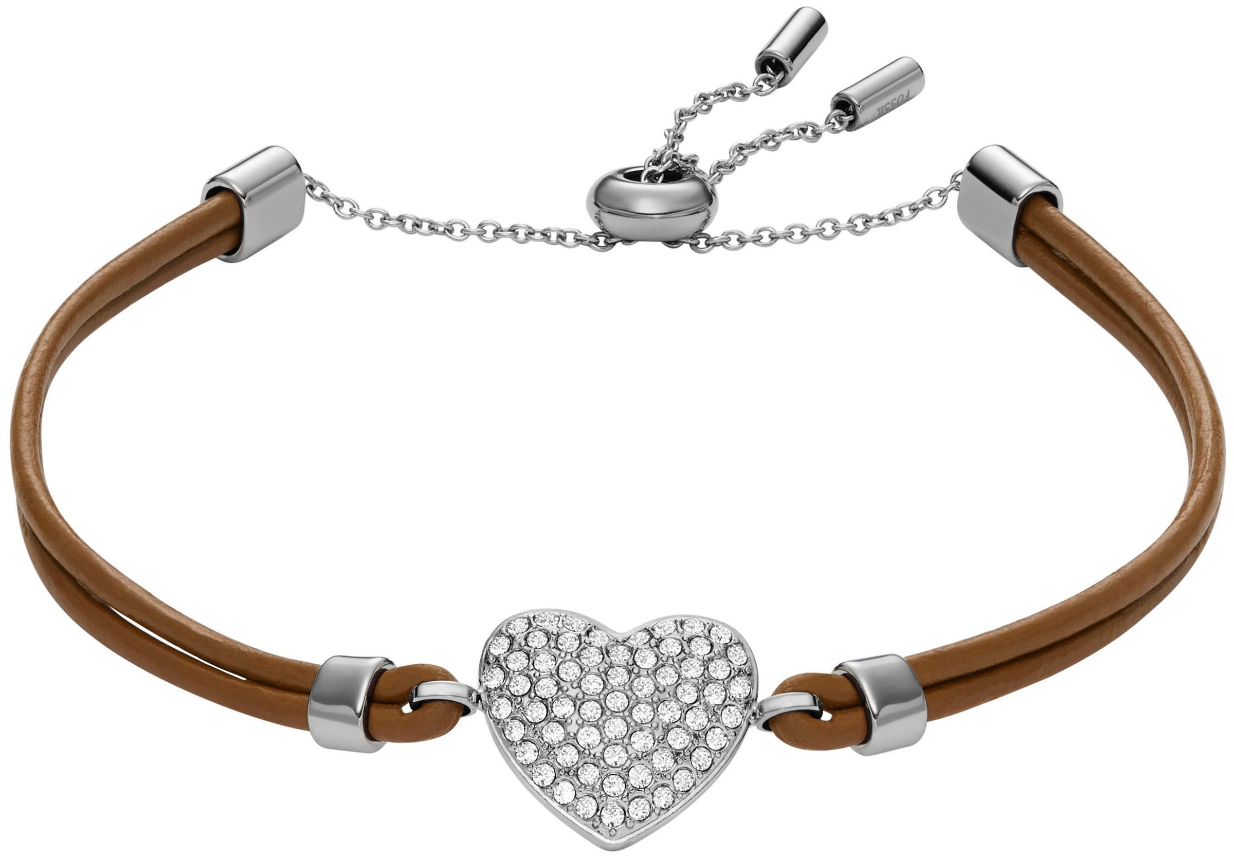 Armband FOSSIL "Schmuck Geschenk Edelstahl Leder Armschmuck SADIE Herz", braun (edelstahlfarben, braun), Armbänder, Damen, 21,6cm, Edelstahl Leder, Edelstahl, Leder, Armband 2