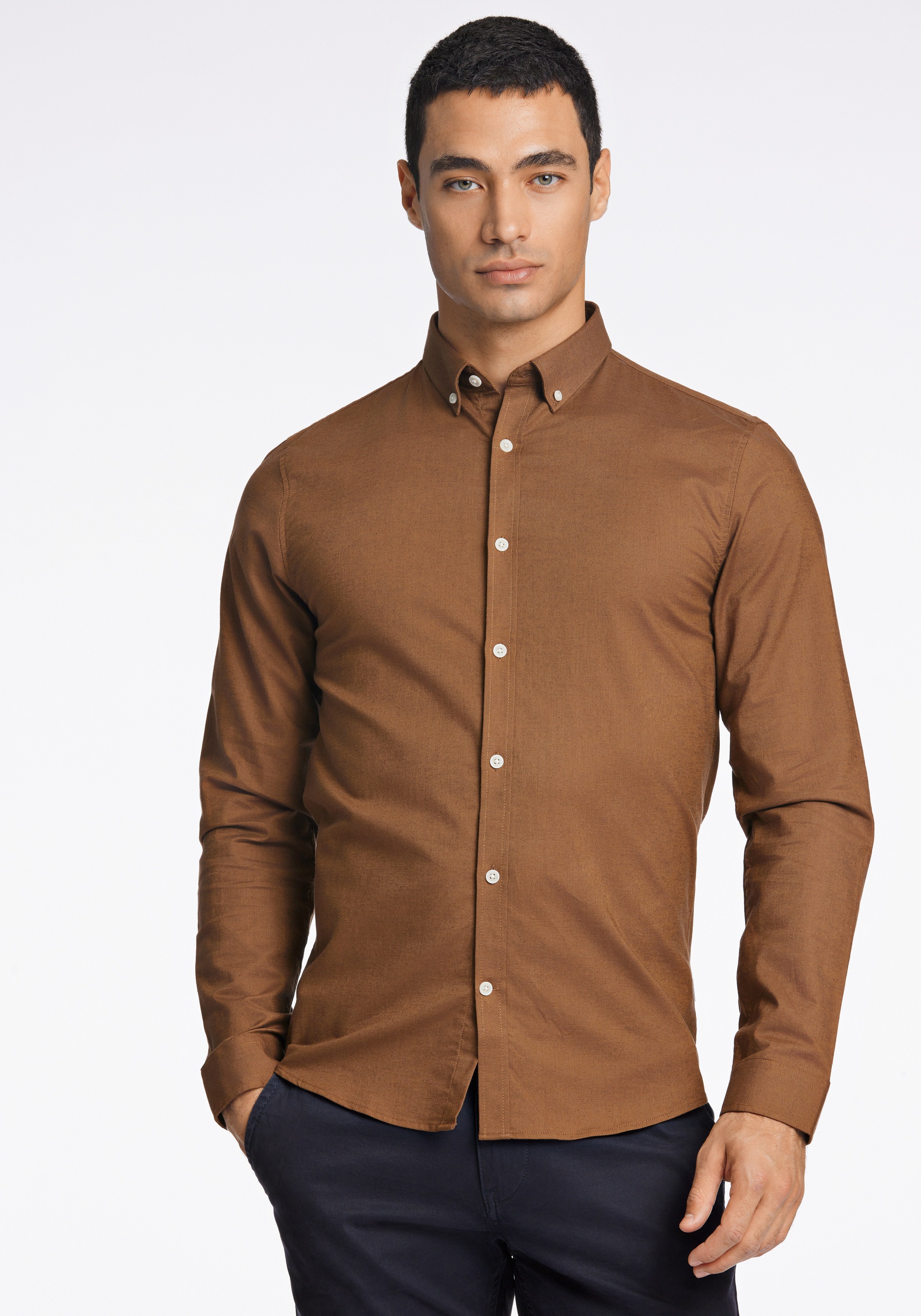 Businesshemd LINDBERGH "Oxford-Hemd Relaxed Fit", Herren, Gr. S, Normalgrößen, deep braun mix, Obermaterial: 97% Baumwolle, 3% Elasthan, Hemden