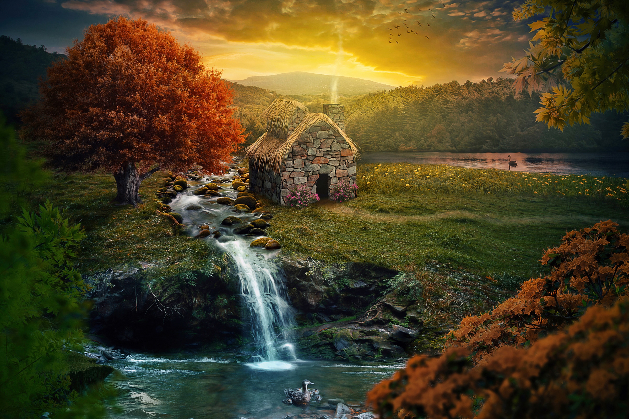 Papermoon "NATUR-IDYLLE-RUHIG BERGE WASSERFALL FLUSS BACH HERBST"