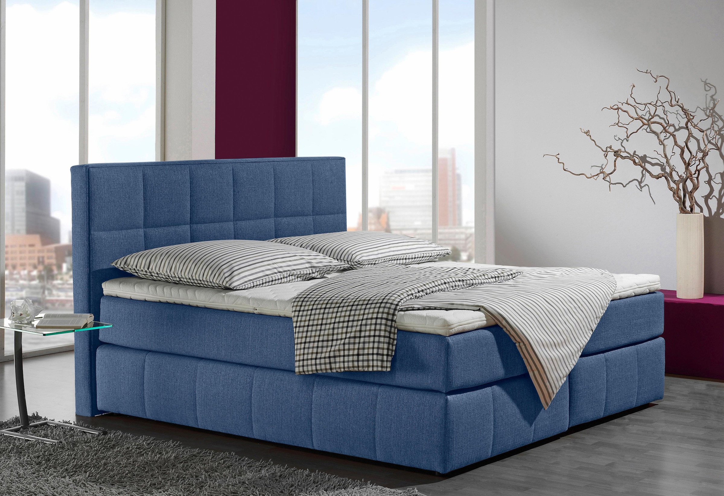 Boxspringbett HOME AFFAIRE "Casano", blau (denimblau), B:172cm L:215cm, Strukturstoff-Bezug (100% Polyester), Komplettbetten, Boxspringbett, mit feiner Steppung, in 3 Matratzenarten, 2 Härtegraden und 5 Farben
