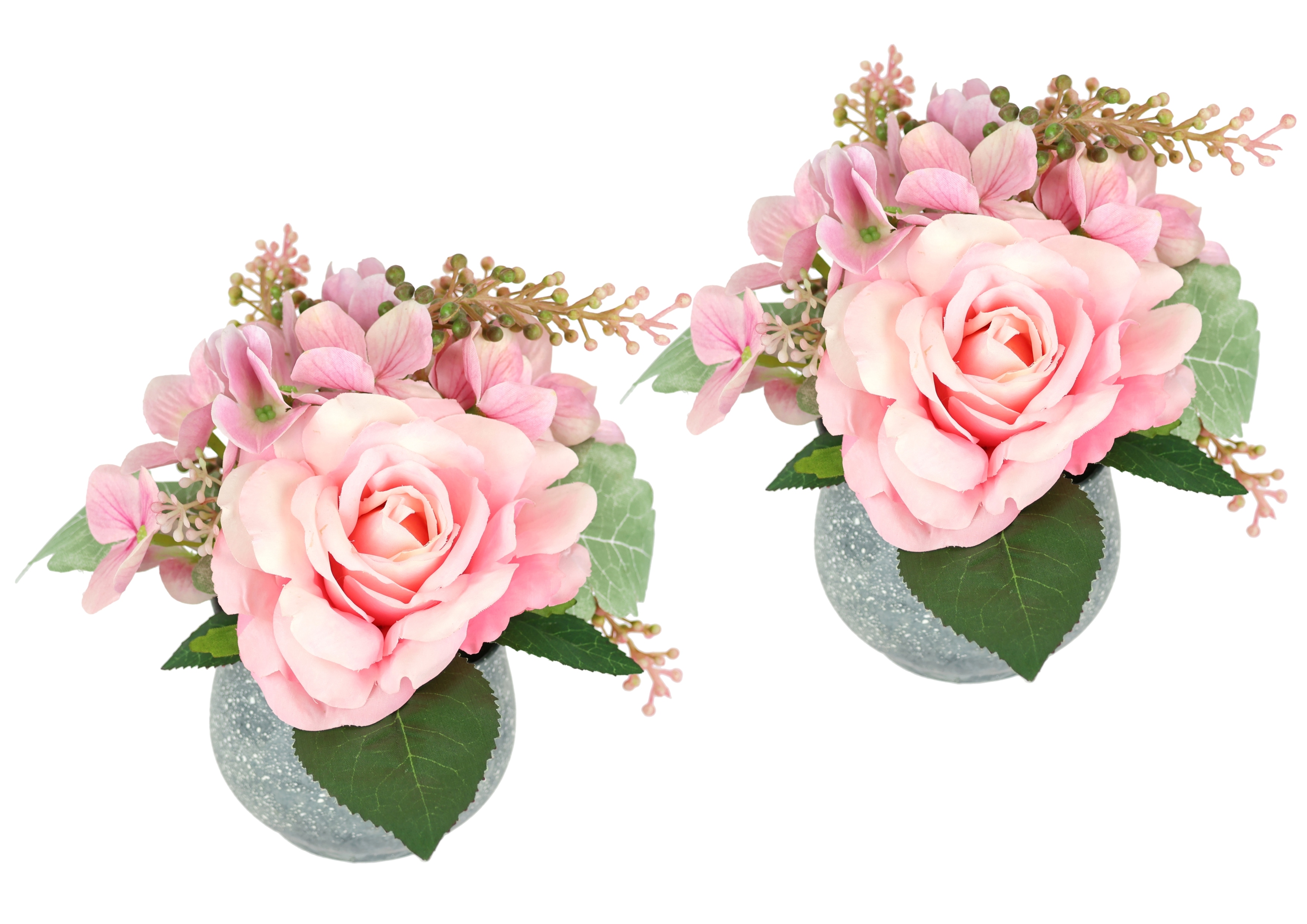 I.GE.A. "Arrangement Rose und Hortensie im Topf 2er Set" Blumengesteck künstlich Dekoblume Hochzeitsdeko Kunstpflanze Blume