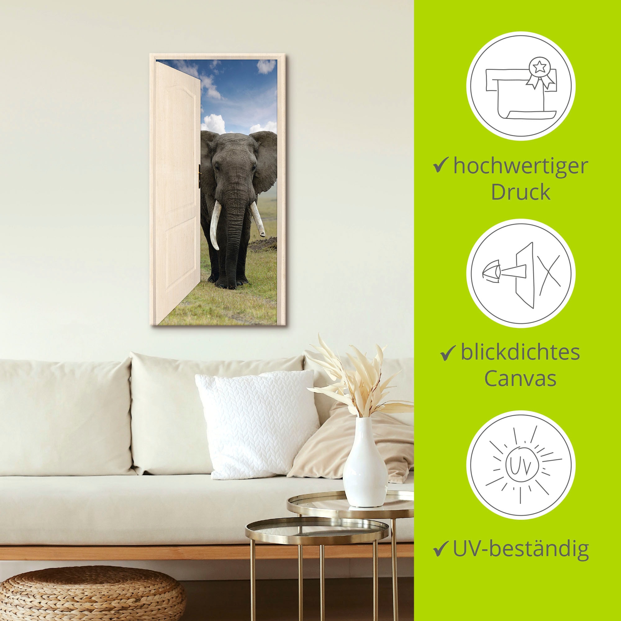 Artland Wandbild »Offene weiße Türe mit Blick auf Elefant«, Wildtiere, (1 St.), als Leinwandbild, Poster, Wandaufkleber in verschied. Größen