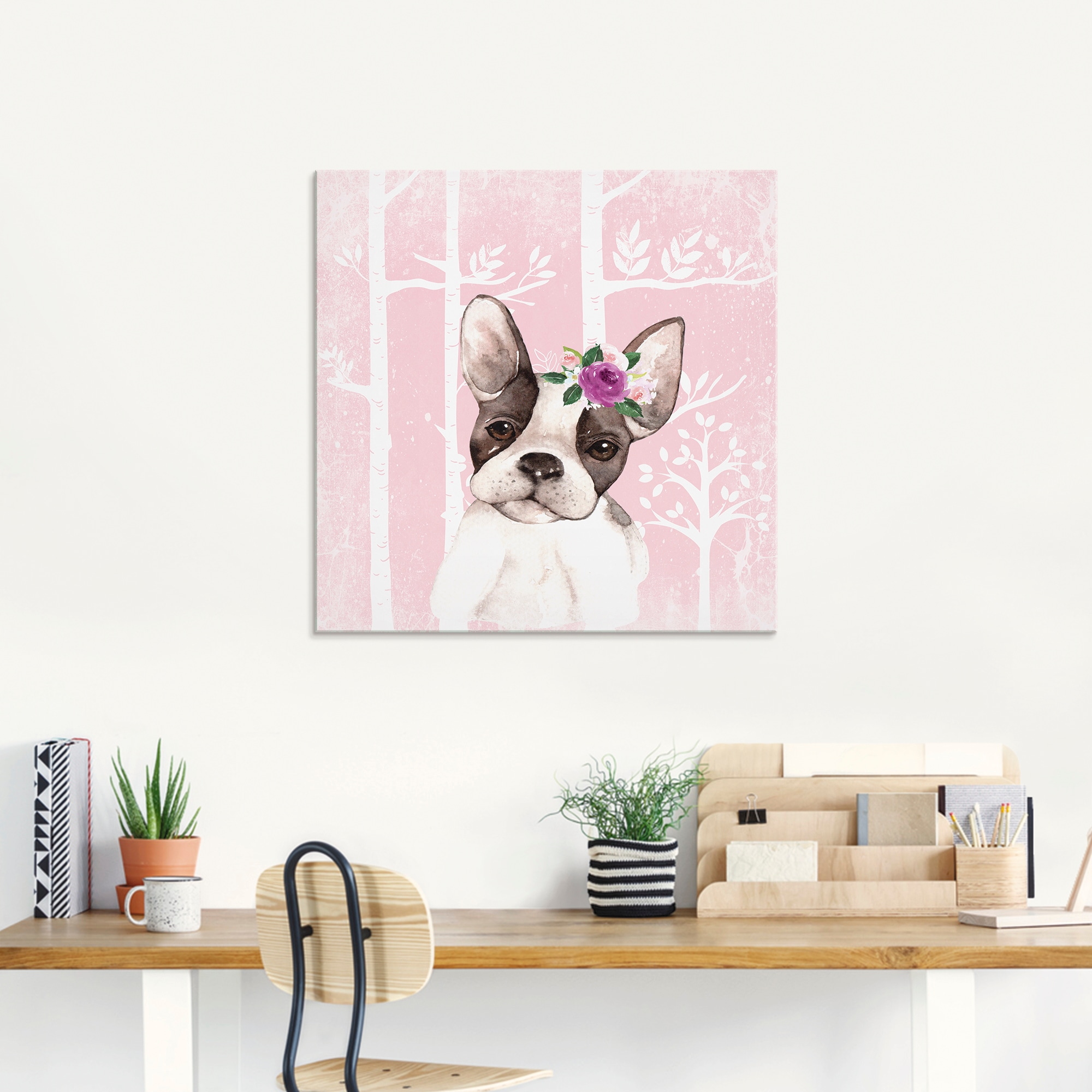 Artland Glasbild »Mops Hund mit Blumen im pink Wald«, Tiere, (1 St.), in verschiedenen Größen
