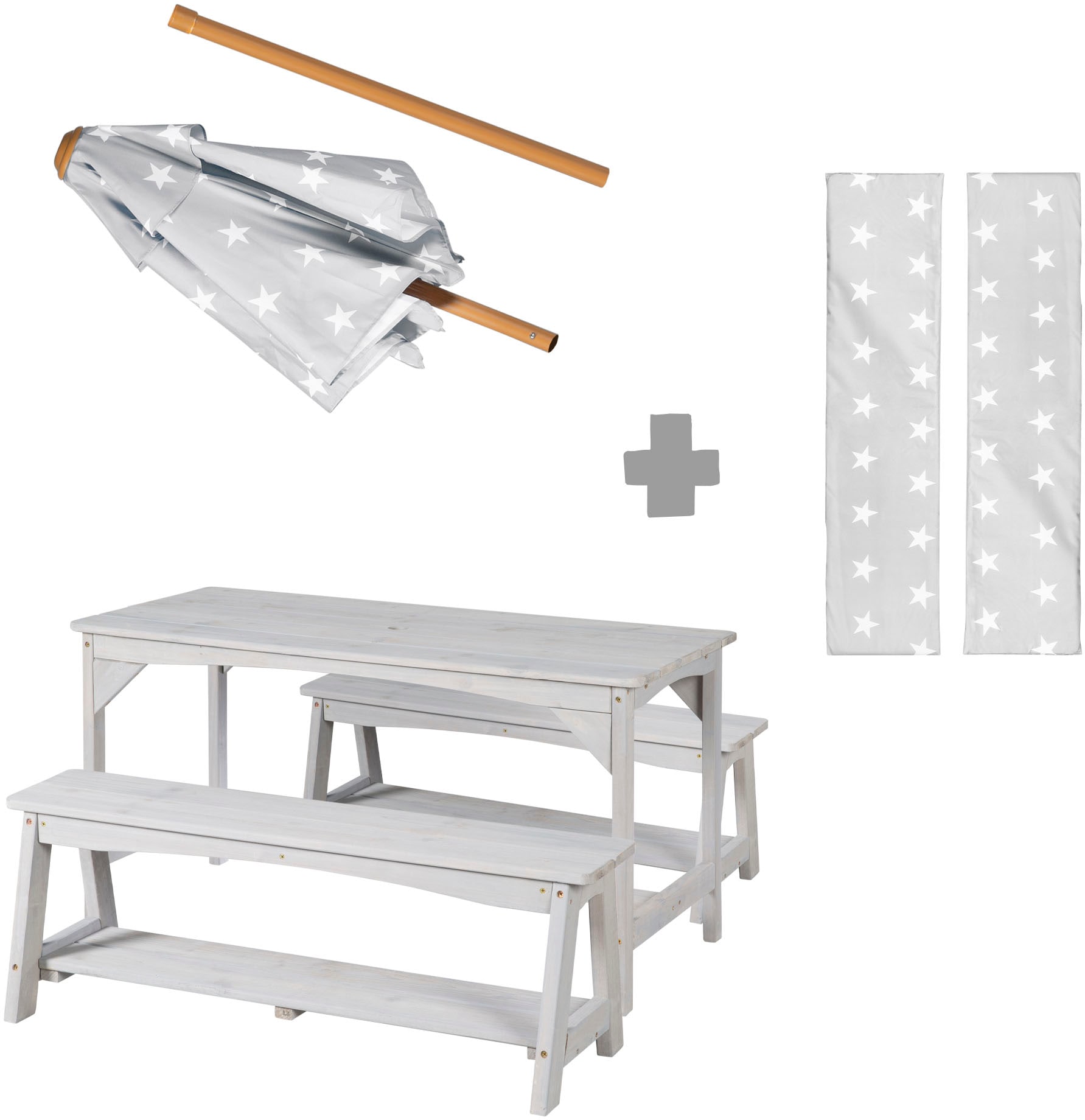 Garten-Kindersitzgruppe ROBA "Outdoor+", grau, Sitzmöbel-Sets, Kinder, B/H/T: 107cm x 155cm x 106cm, Massivholz, Tisch und 2 Bänke mit Sitzauflage, Schirmset, B:107cm H:155cm T:106cm