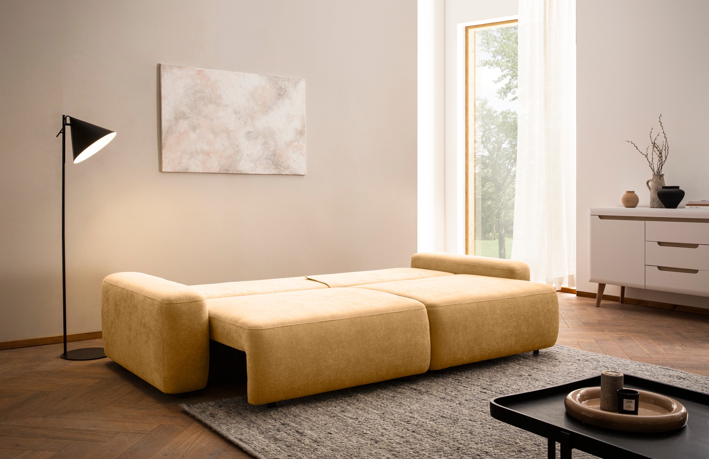 INOSIGN 3-Sitzer »TORGE (257cm), Sofa,Schlafsofa in Cord, Samtvelours, Struktur fein«, rundes Design, Schlaffunktion u. Bettkasten, Liegefläche: 135/200 cm