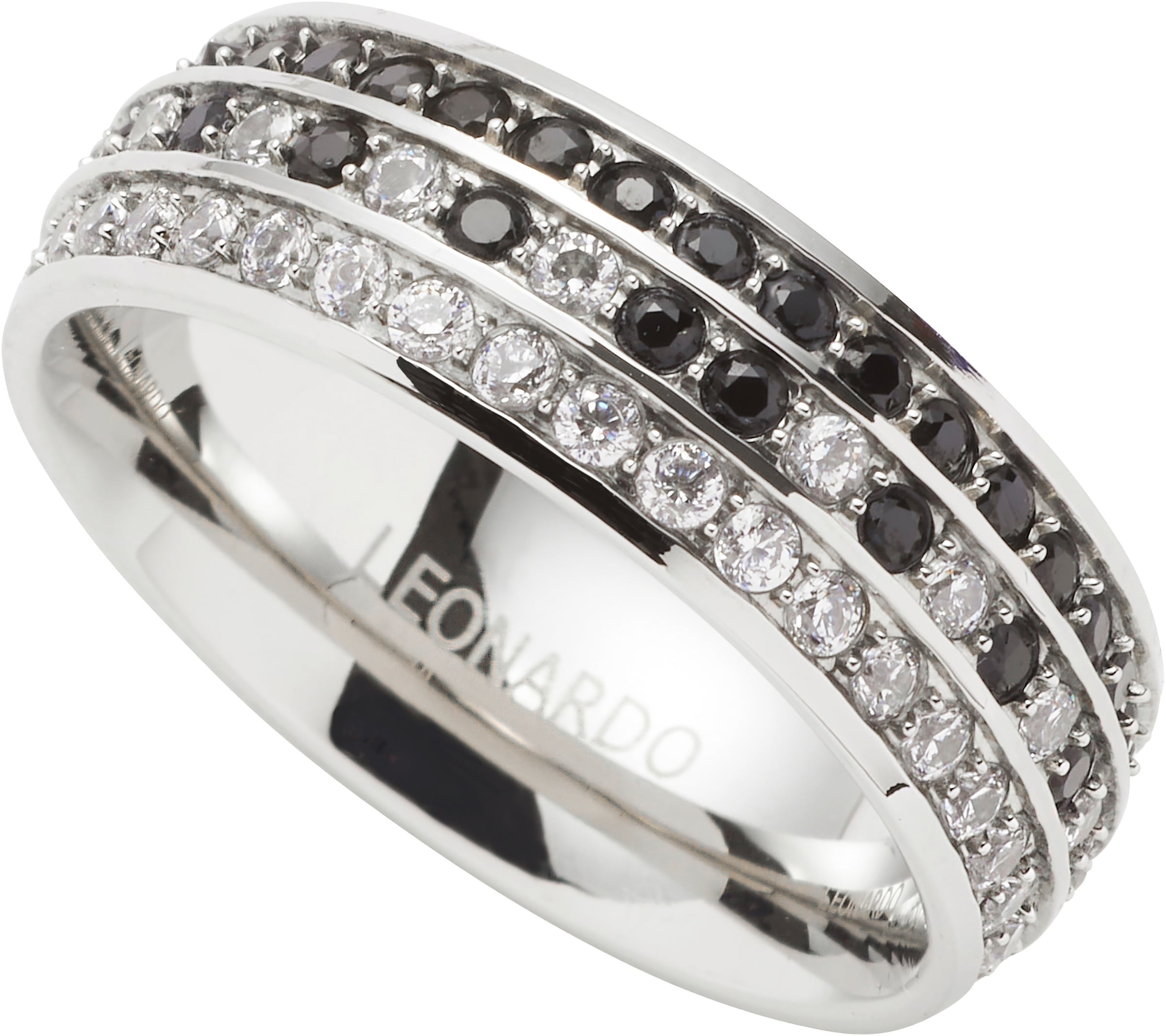 Fingerring LEONARDO "Ring Atura" Gr. 20, schwarz-weiß (edelstahlfarben, schwarz, kristallweiß), Fingerringe, Damen, 20, Edelstahl, 7mm, Fingerring, mit Zirkonia (synth.)