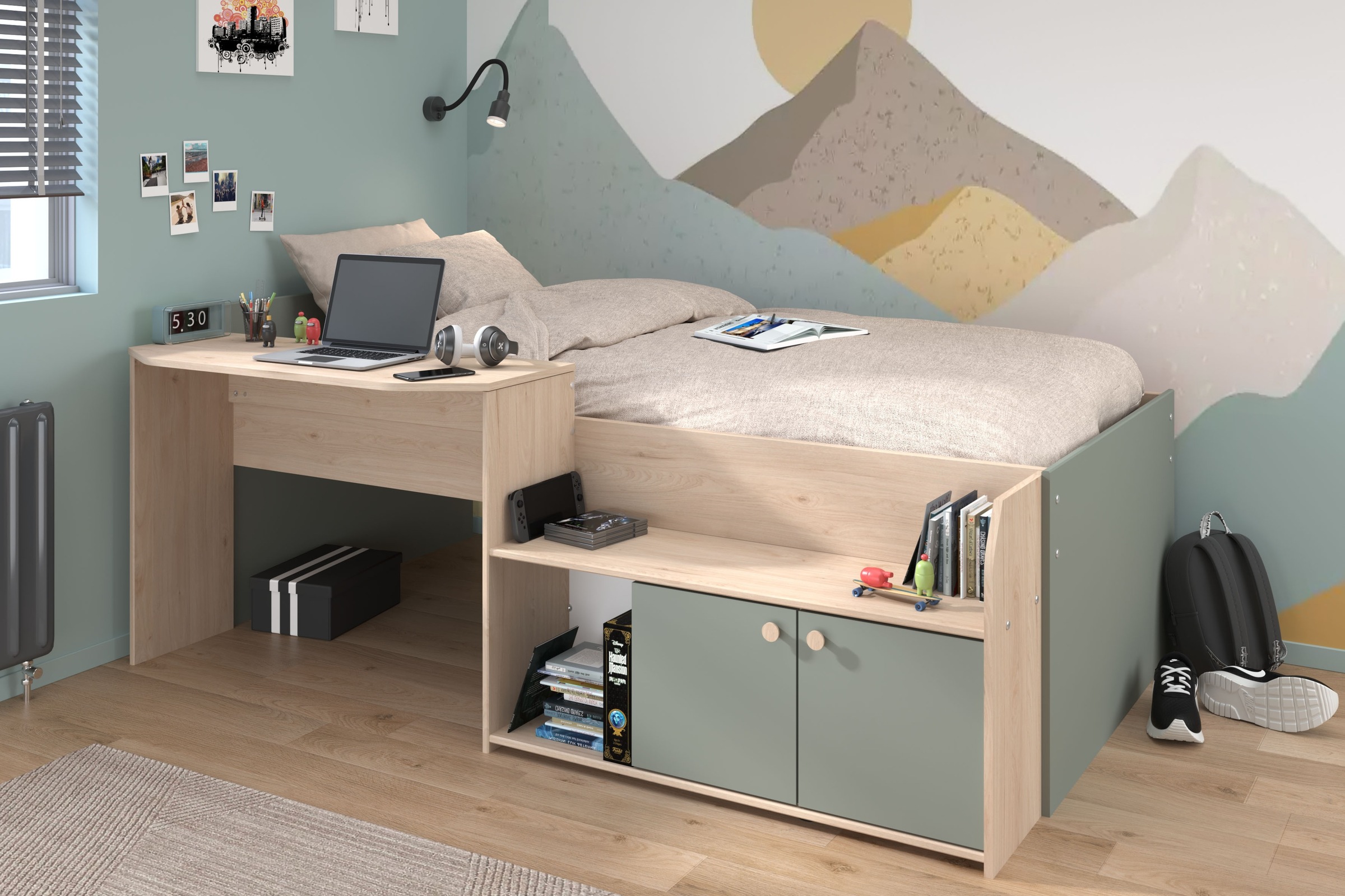 Jugendbett PARISOT, B:136cmjackson eiche nachbildung, seladon grün, seladon grün, seladon grün, Betten